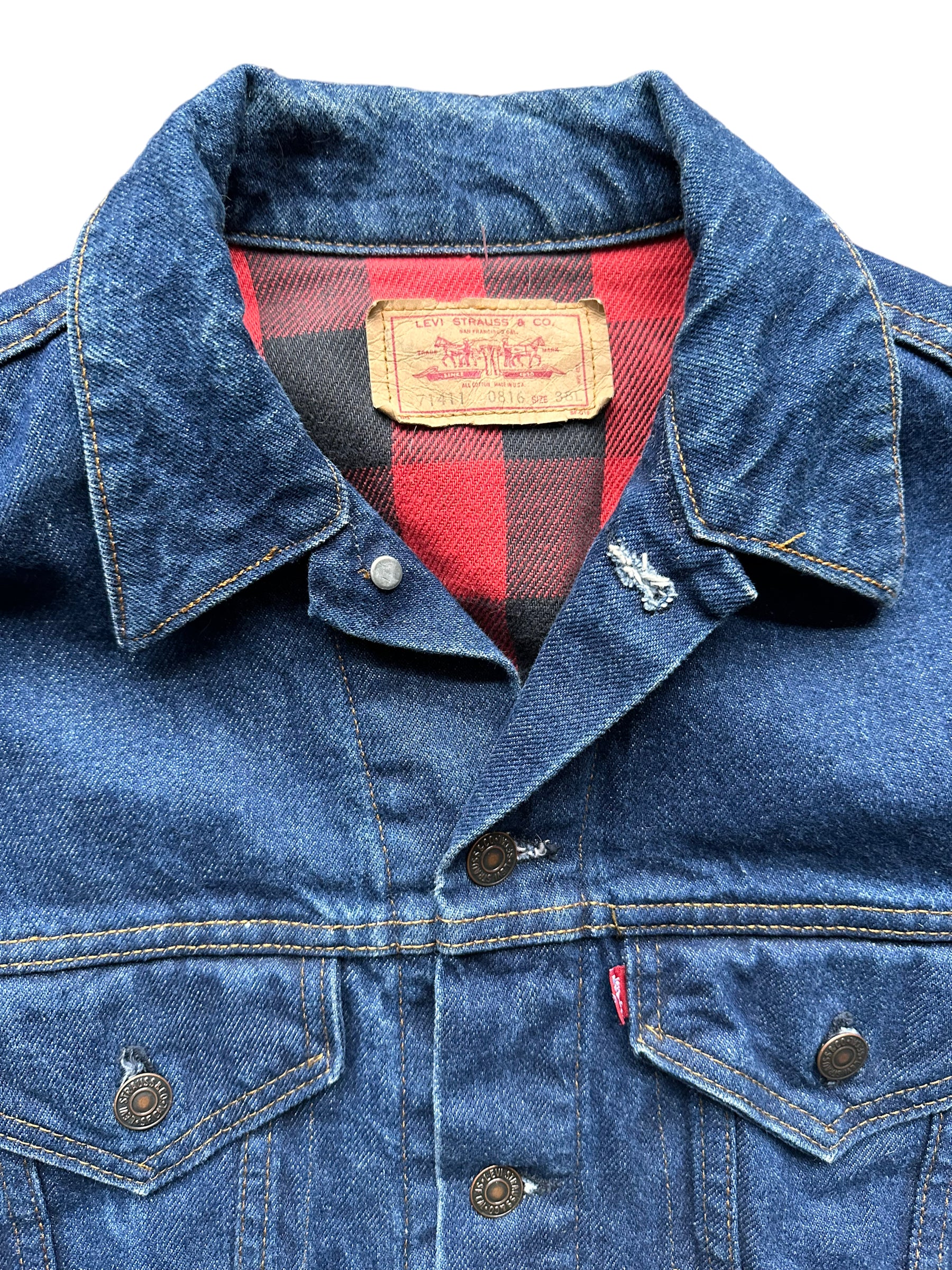 Tag View of Vintage Red Flannel Lined Levis Type 3 Denim Trucker Jacket SZ S | Vintage Levi Strauss Denim Workwear Seattle | Seattle Vintage Clothing