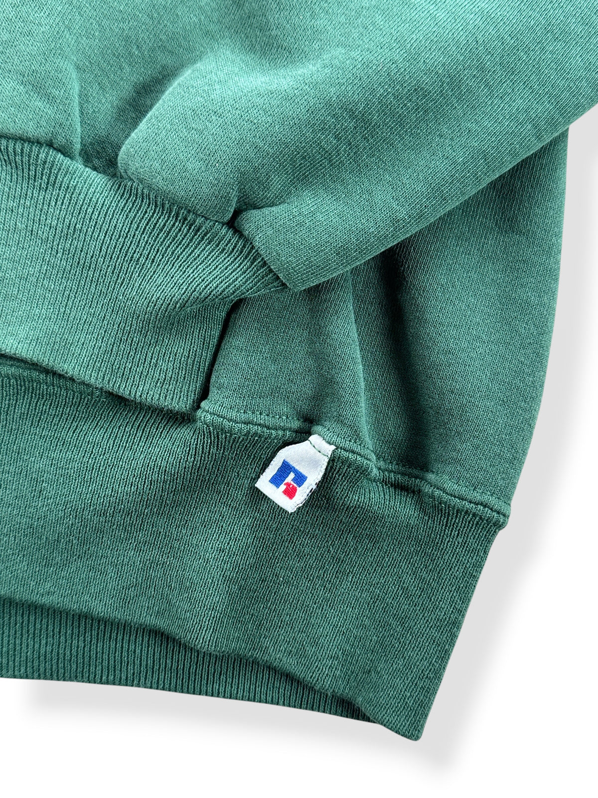 Russel tag on bottom hem of Vintage Russell Athletic Forest Green Ohio Crewneck SZ L