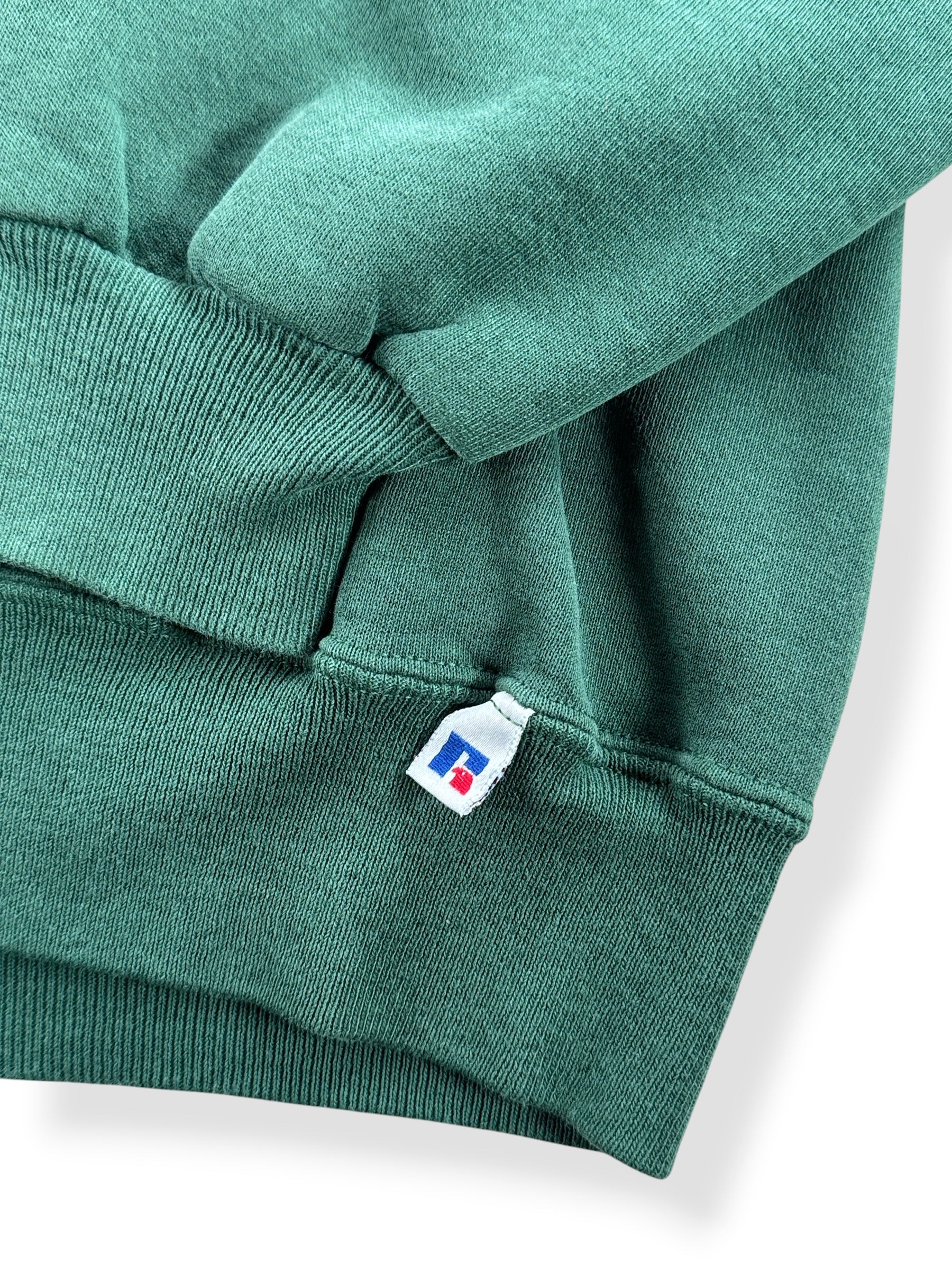 Russel tag on bottom hem of Vintage Russell Athletic Forest Green Ohio Crewneck SZ L