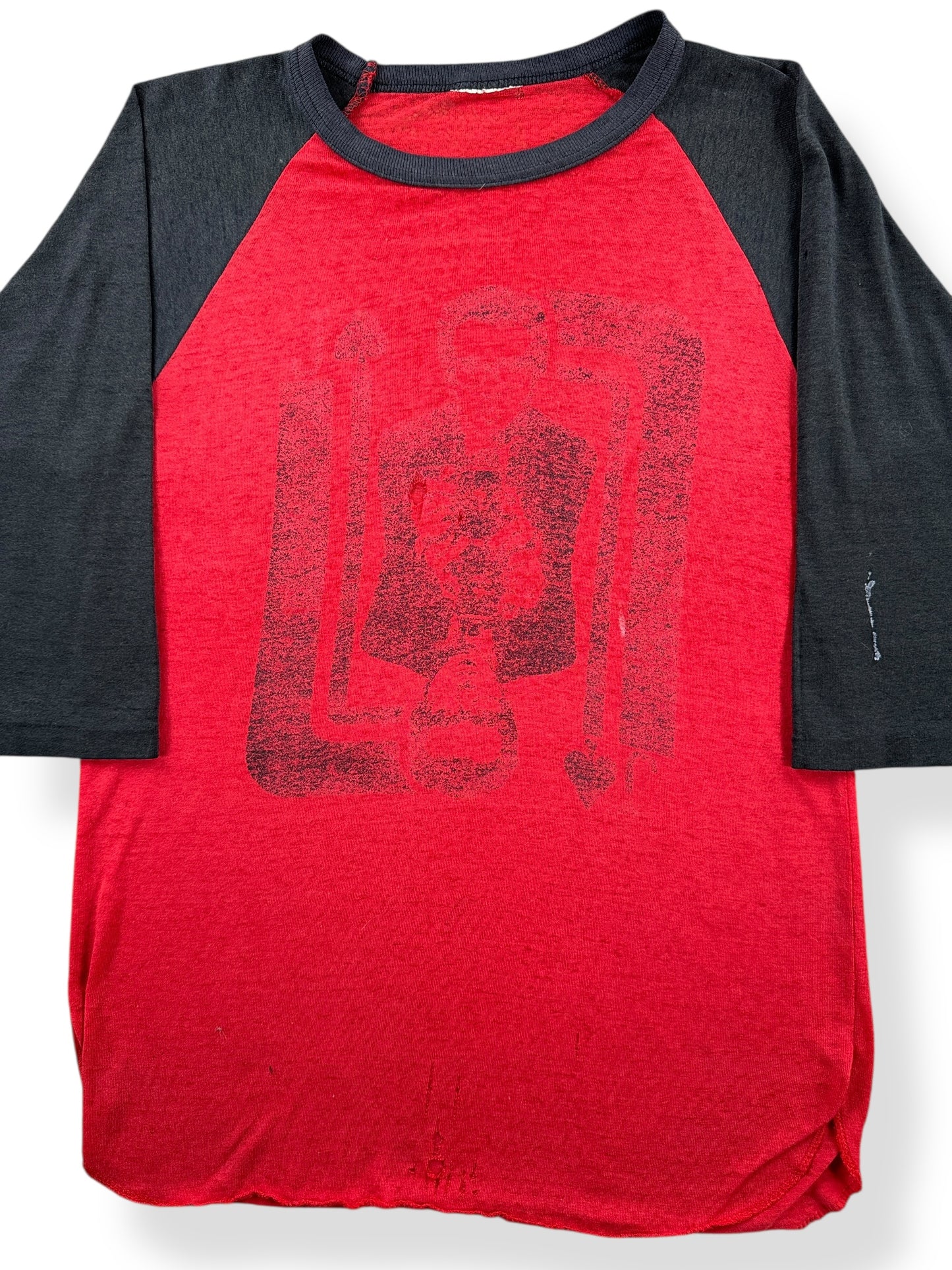 Front Close Up of Vintage Fadiest Elvis Costello This Years Model Raglan SZ S