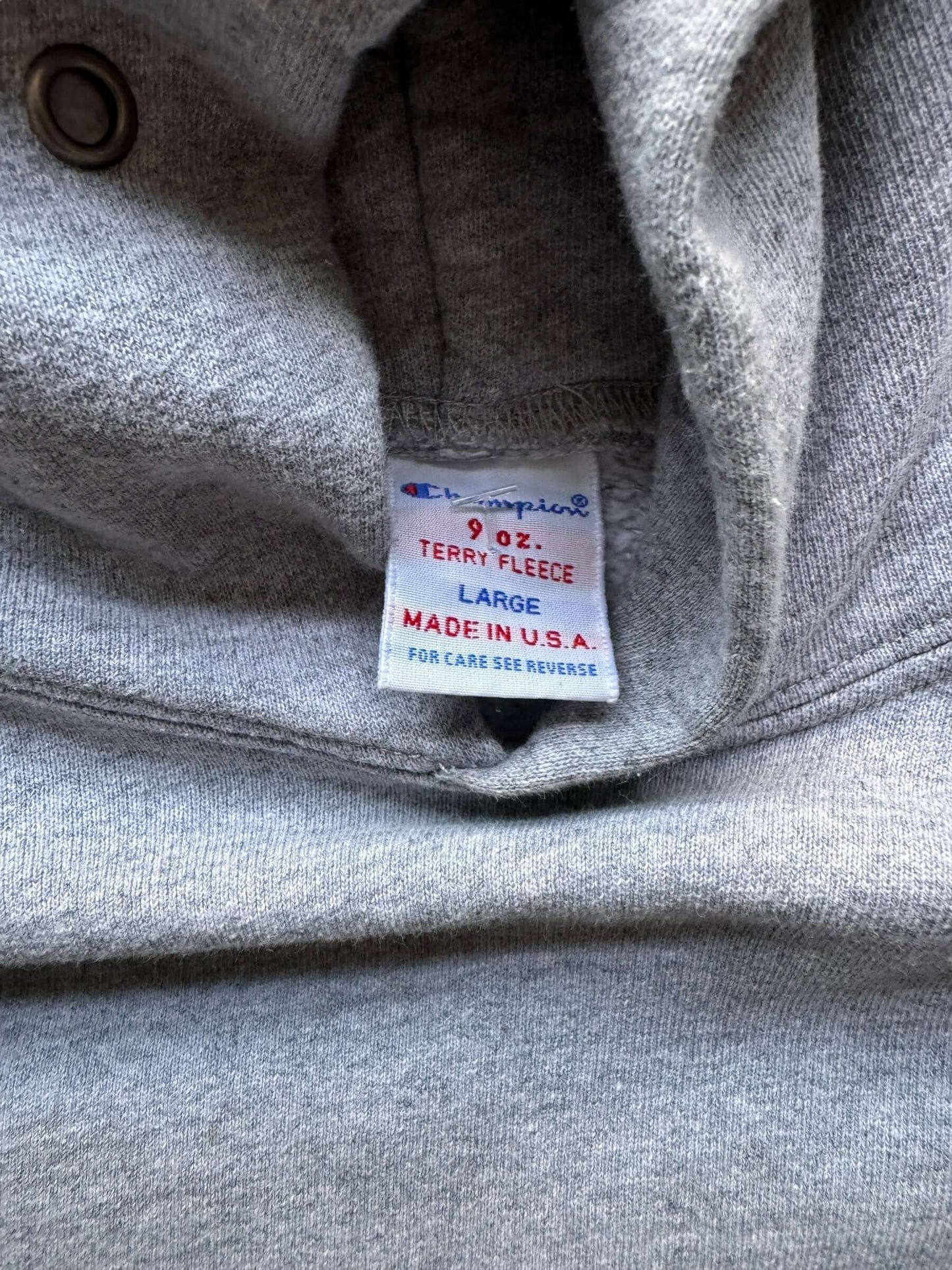 Tag View of Vintage Champion Heather Grey Terry Fleece Hoodie SZ L