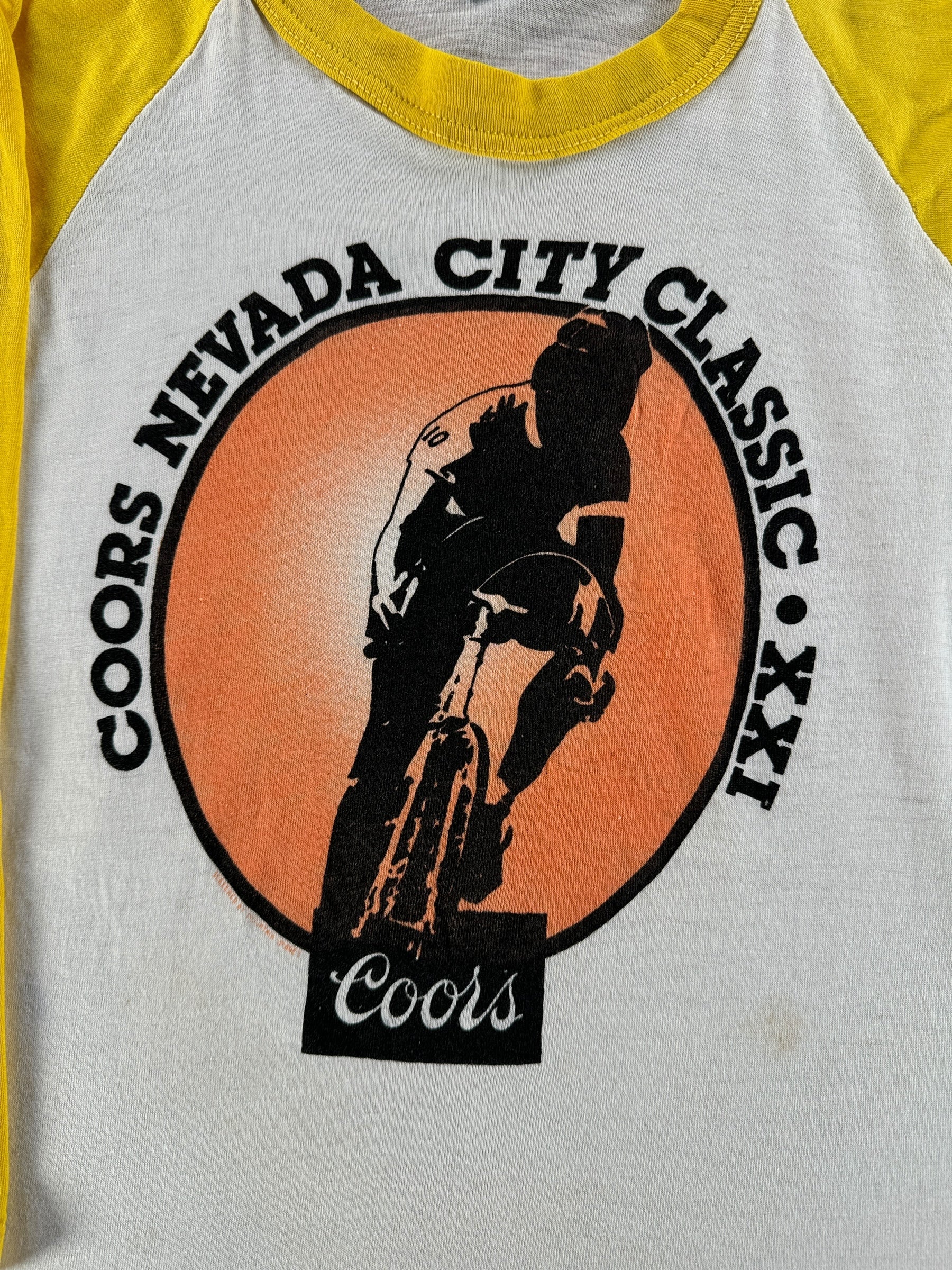 Front Graphic of Vintage Coors Nevada City Classic Bike Racing Raglan SZ S