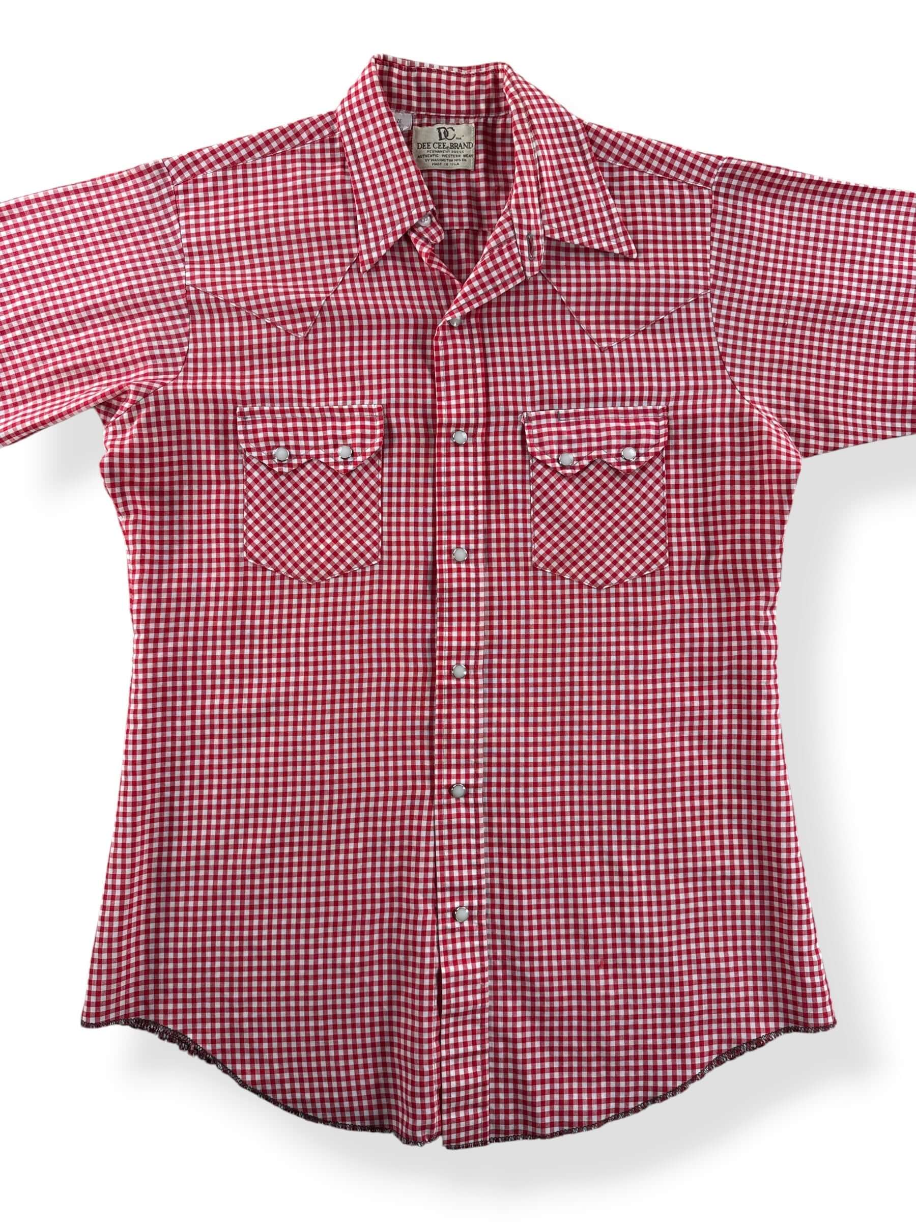 Front Close Up of Vintage Dee Cee Gingham Short Sleeve Pearl Snap SZ 15 1/2 (Fits M)
