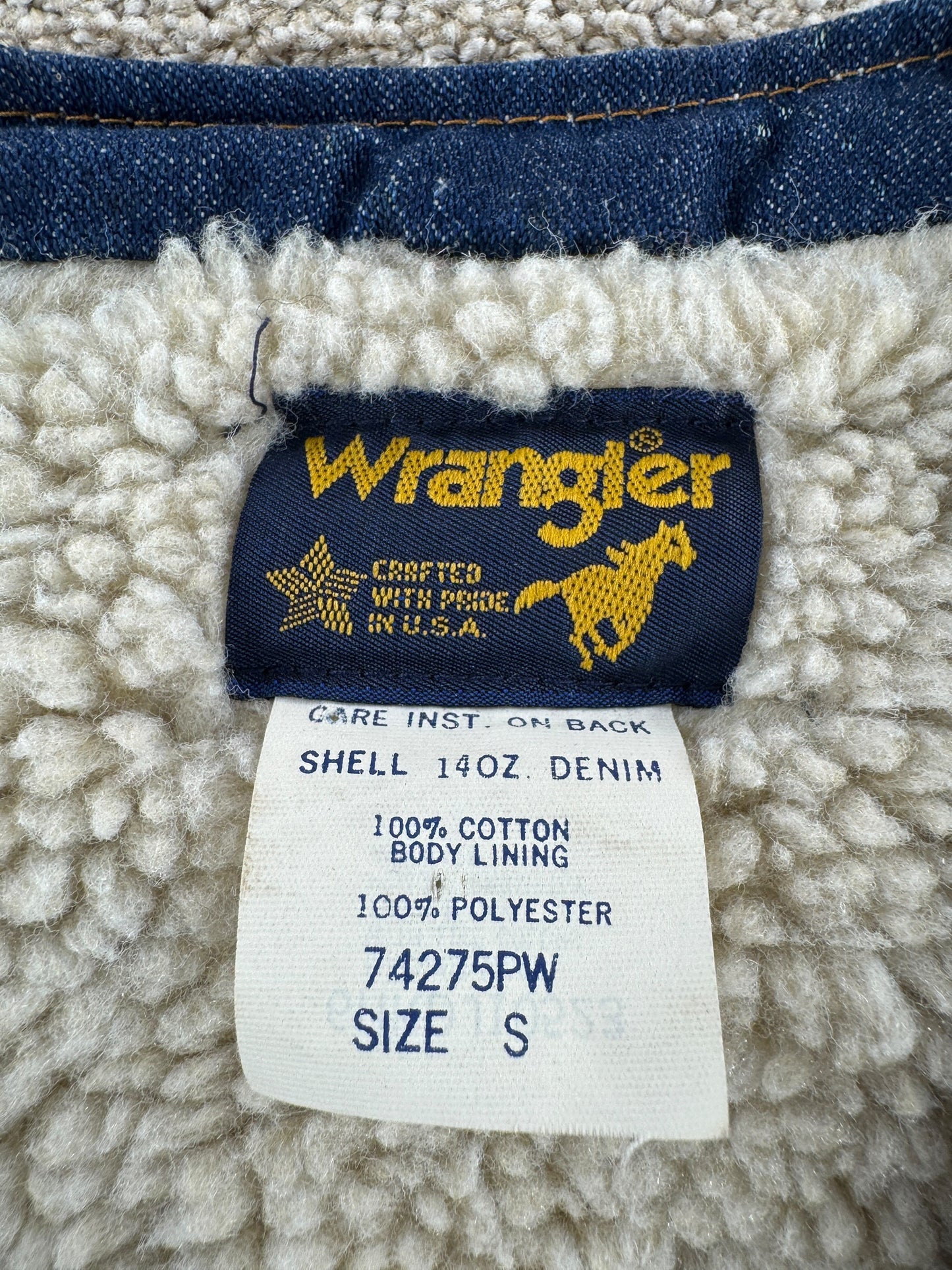 Tag on Vintage Wrangler Sherpa Denim Vest SZ S
