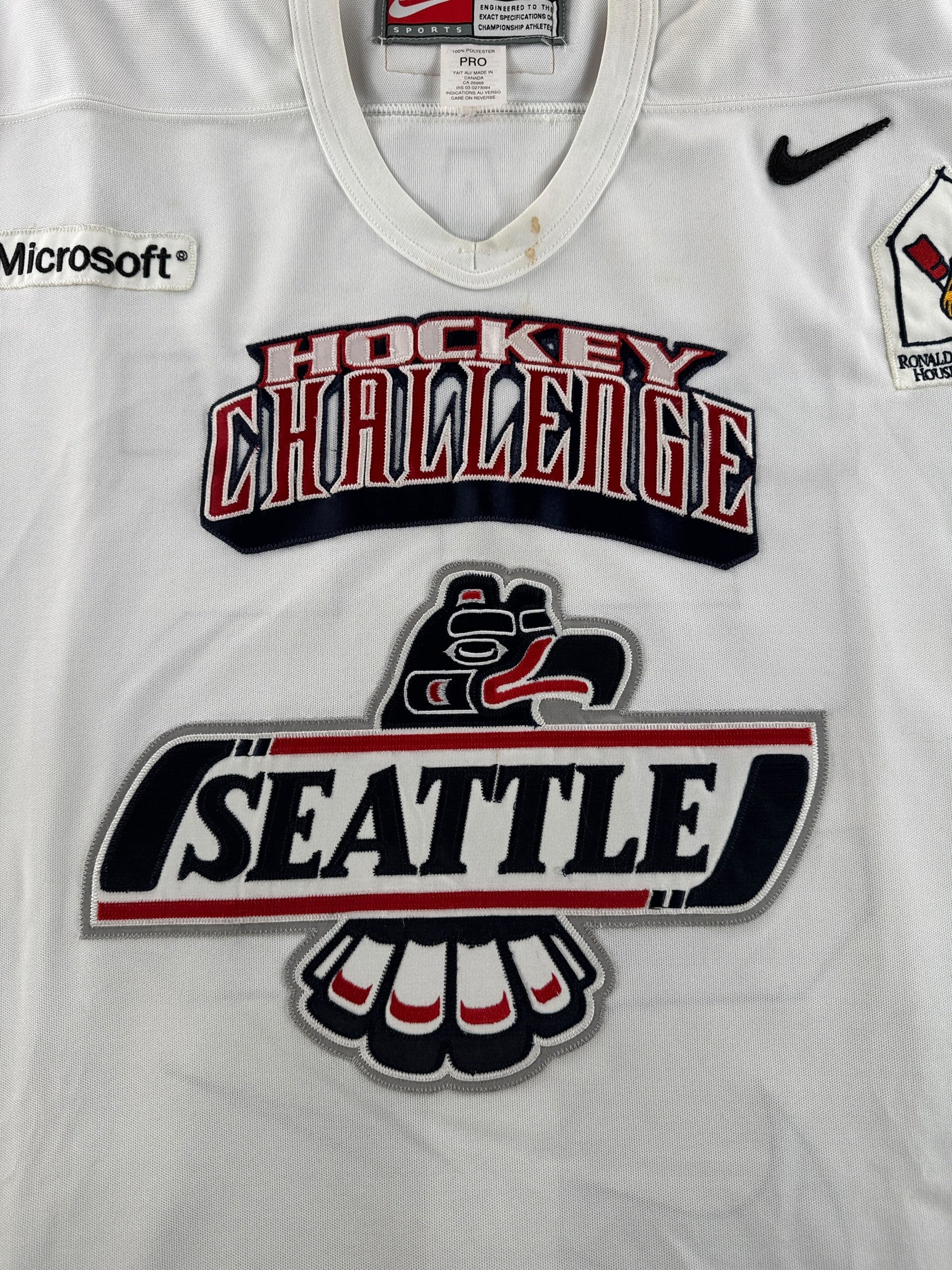 Design on Vintage White 2000s Seattle Thunderbirds Hockey Challenge Game Worn Jersey SZ 56