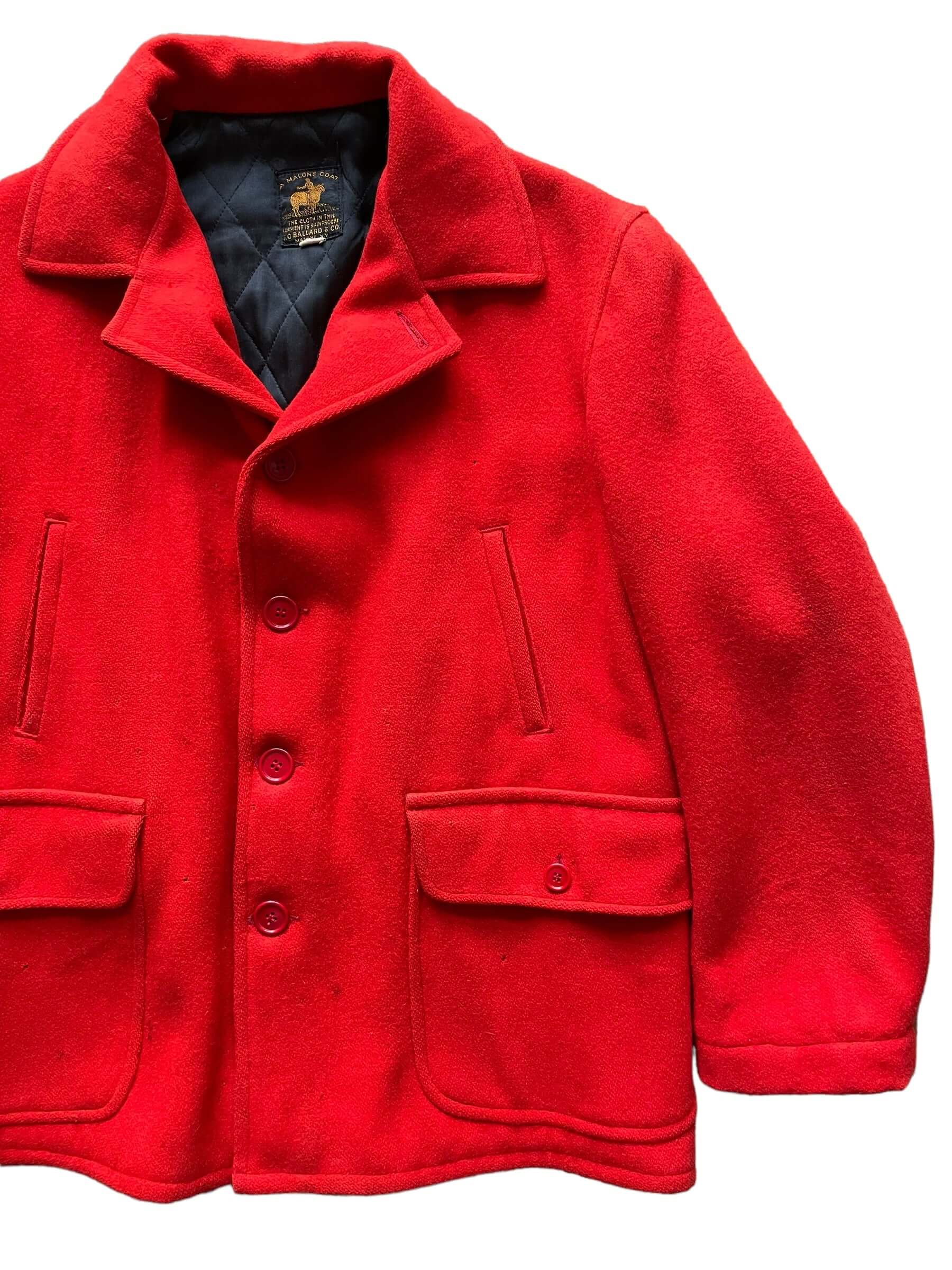 Front left side view of 1940s J.O. Ballard & CO Red Wool Hunting Jacket