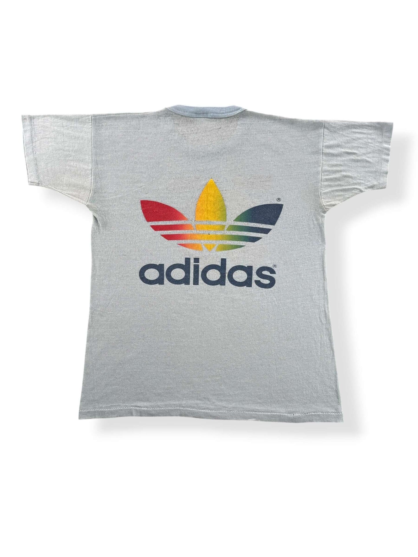 Back of Vintage 1980 Adidas Prefontaine Rainbow Trefoil Tee SZ S