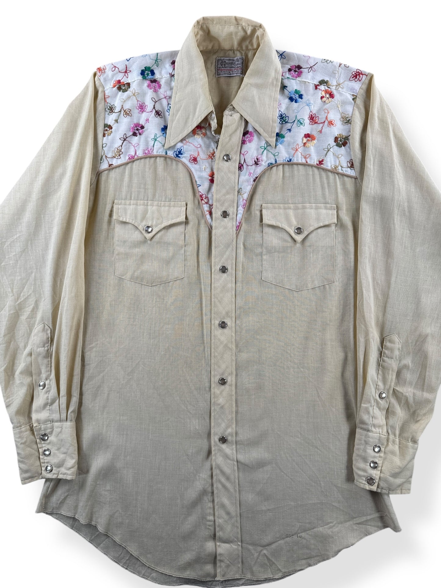 Front Close Up of Vintage H Bar C Floral Embroidered Pearl Snap Shirt SZ M