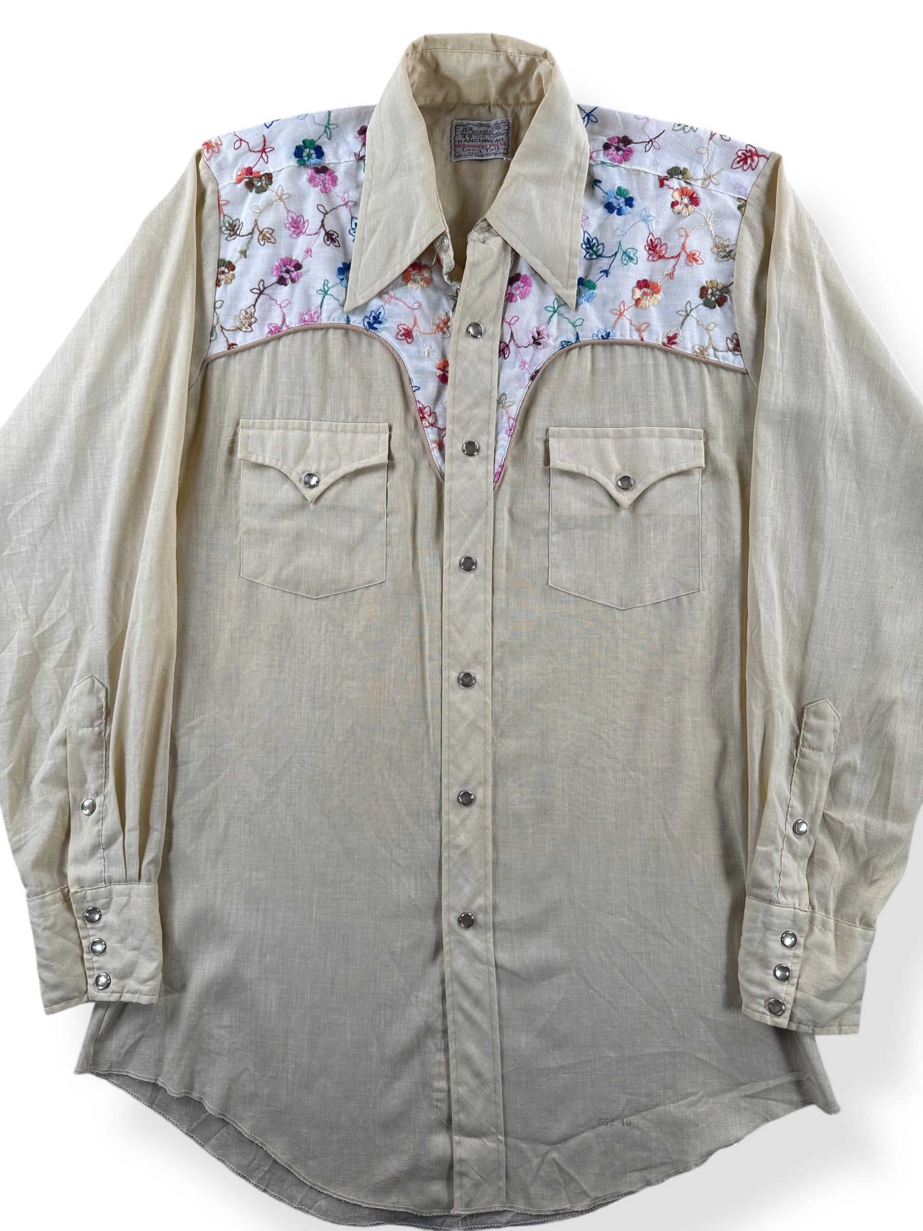 Front Close Up of Vintage H Bar C Floral Embroidered Pearl Snap Shirt SZ M