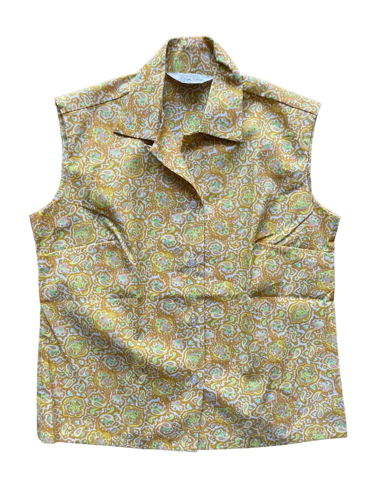 Full front view of1960s Paisley Sleeveless Penney's Classic Shirt M-L