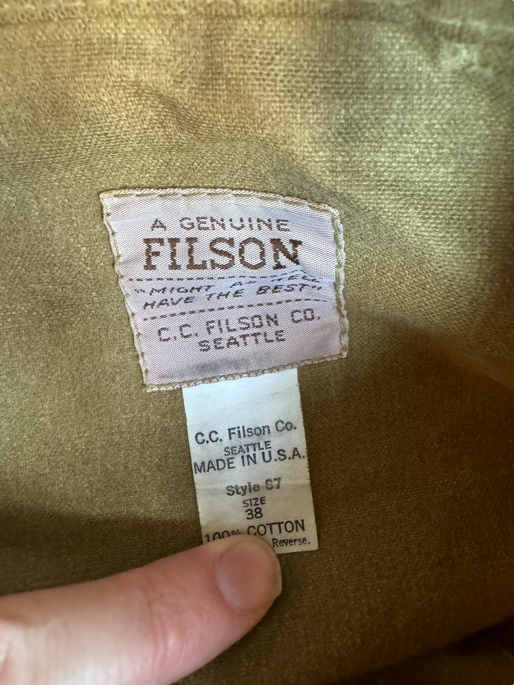 Label on Vintage Filson Double Tin Pants W36