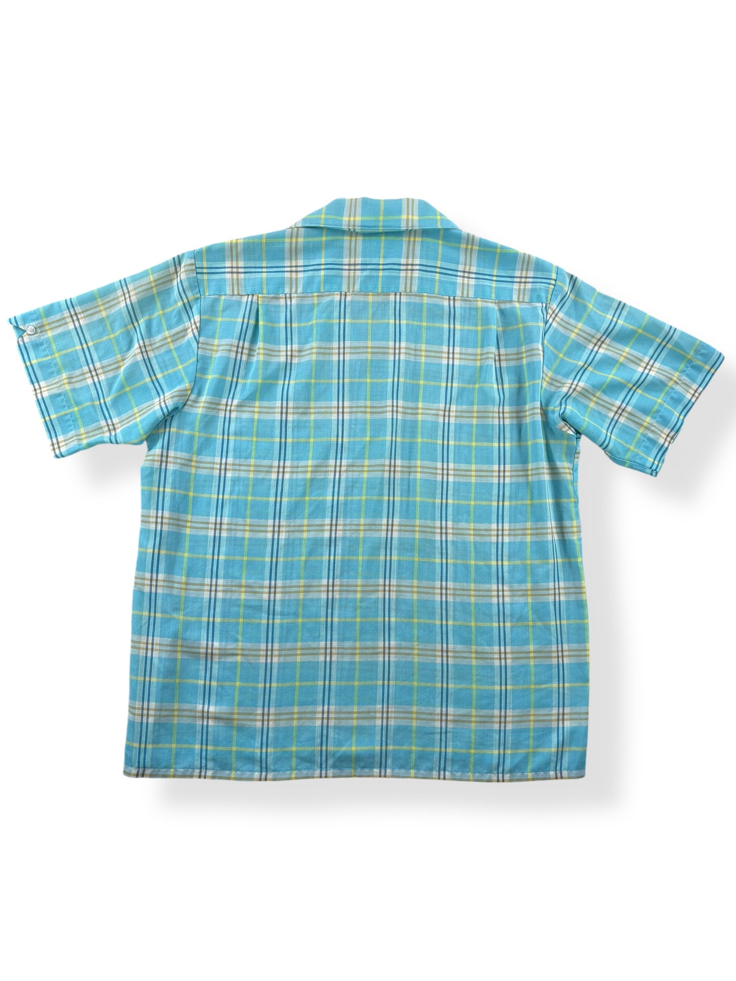 Back of Vintage Marlboro Blue Yellow Plaid Short Sleeve Shirt SZ M