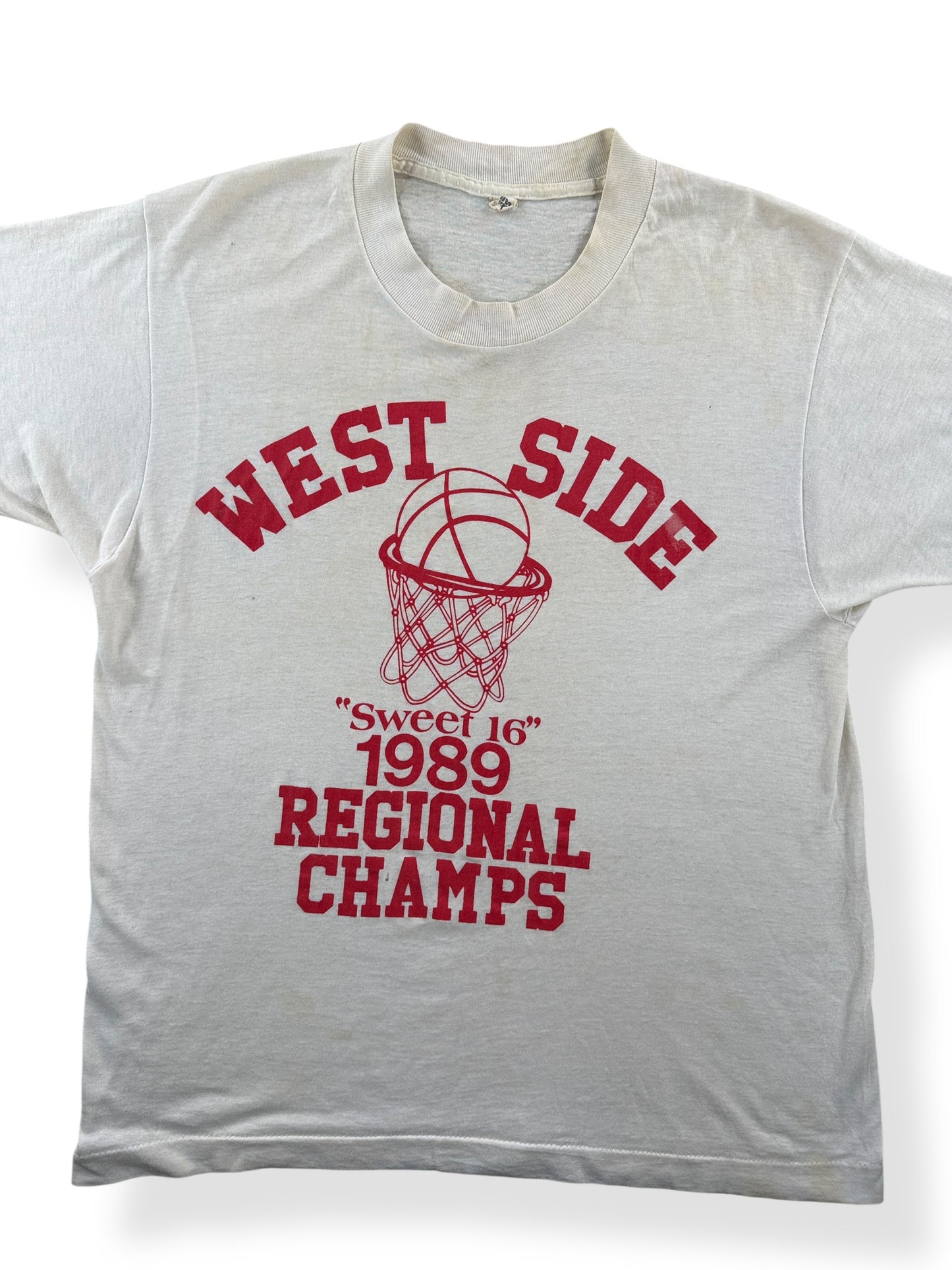 Front Close Up of Vintage 1989 West Side Regional Champ B-Ball Tee SZ M