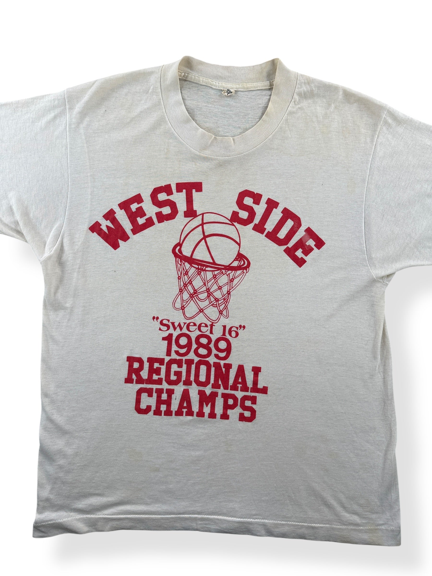Front Close Up of Vintage 1989 West Side Regional Champ B-Ball Tee SZ M