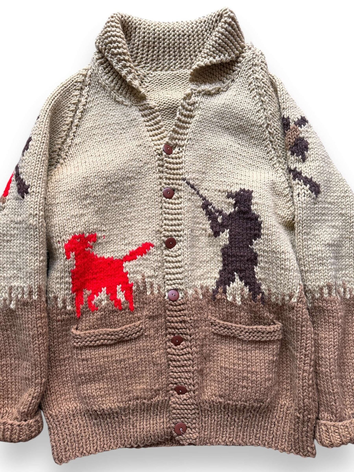 Front Detail on Vintage Pheasant Hunter Cowichan Style Sweater SZ XL