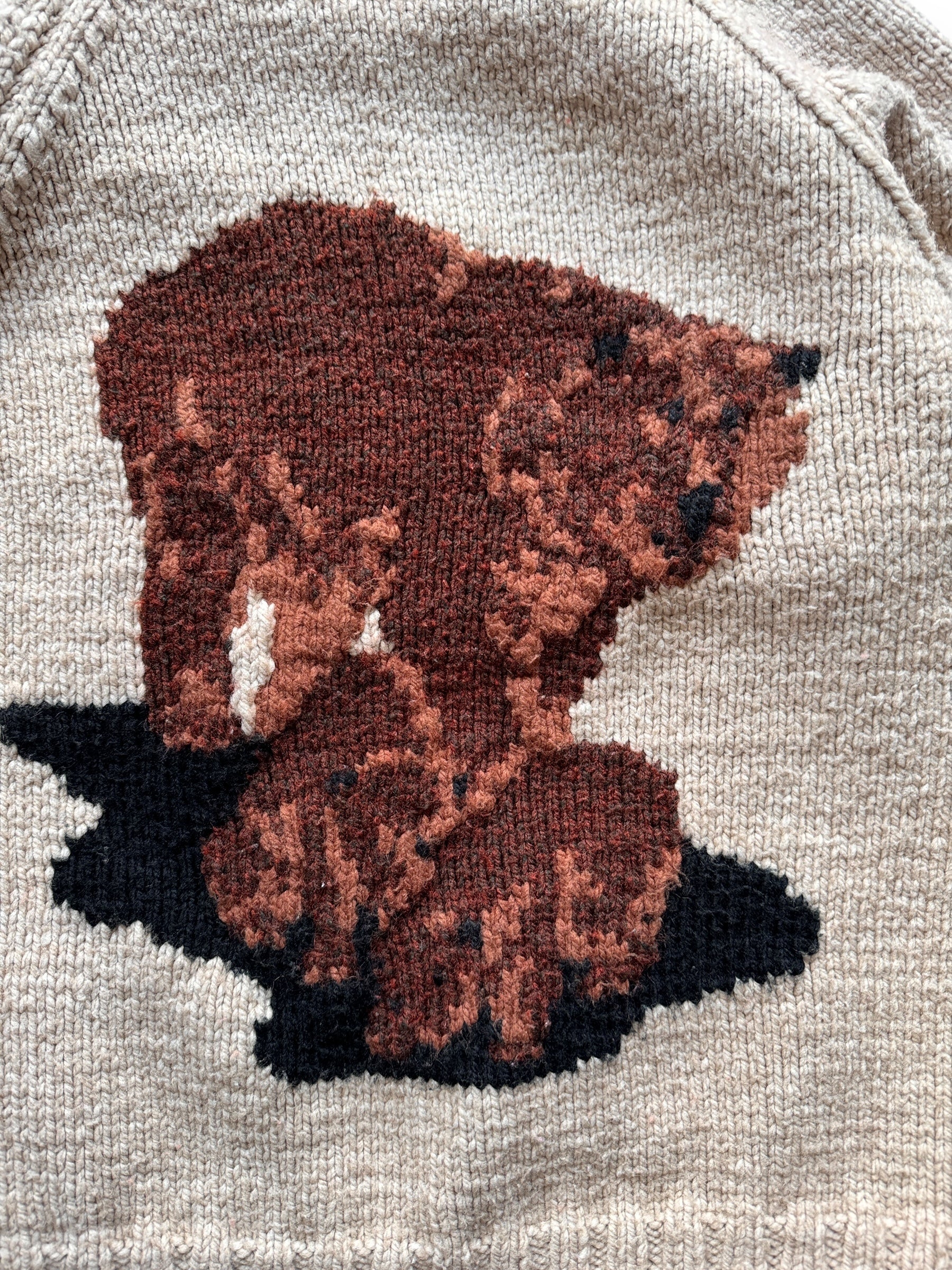 Rear Detail of Vintage Bear Themed Cowichan Sweater SZ L