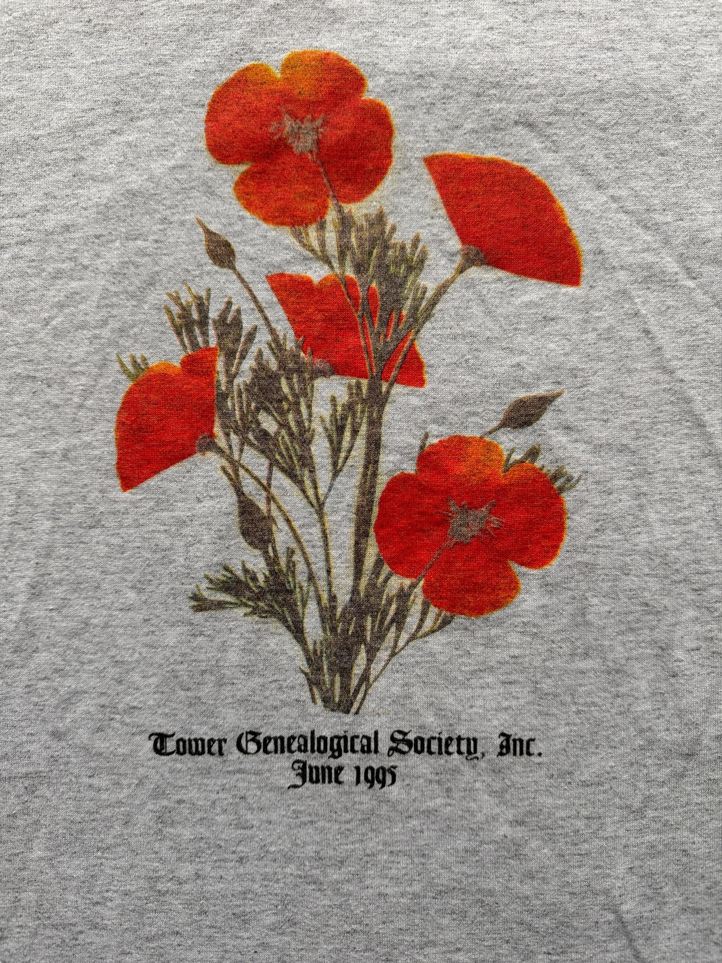 Graphic on Vintage 1995 Tower Genealogical Society Poppy Tee SZ L