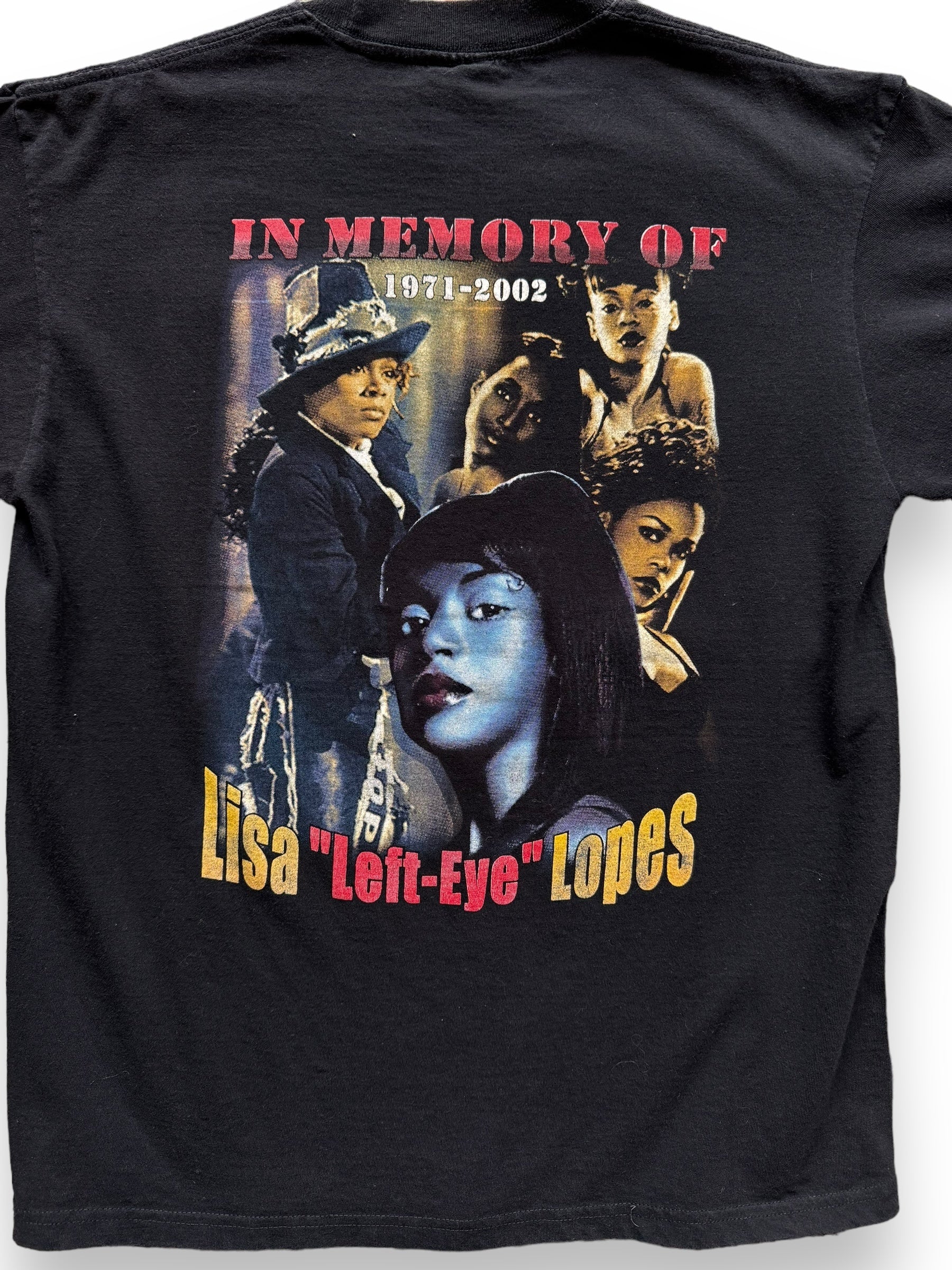 back close up of Vintage Lisa "Left-Eye" Lopez TLC Memorial Rap Tee SZ L