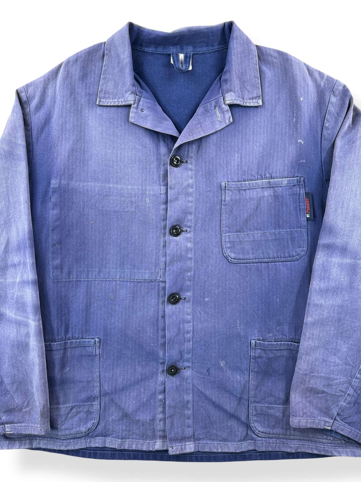 Front Close Up of Vintage Pionier Sunfaded French Chore Coat SZ XL
