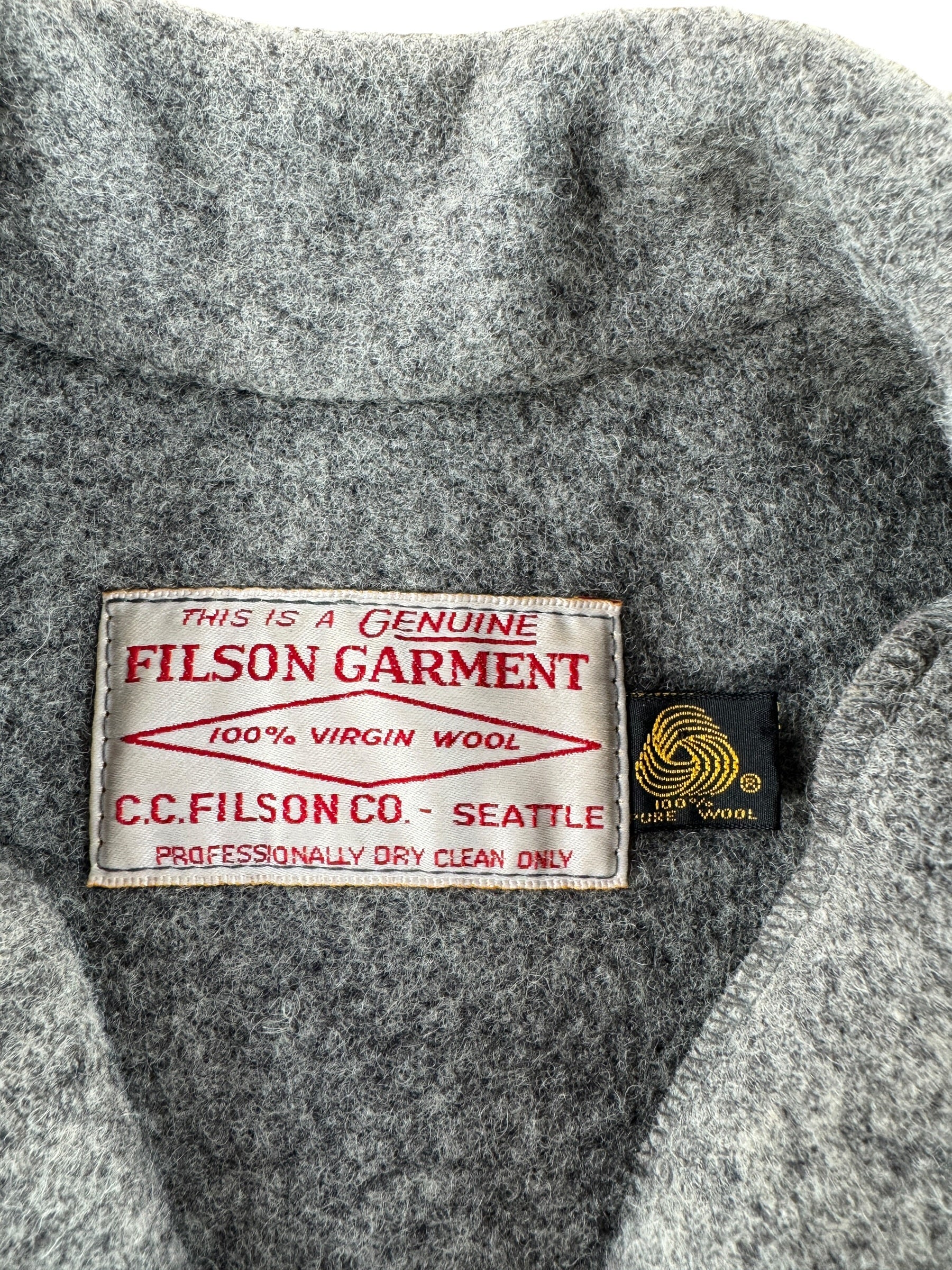 Graphic of Vintage 80s Era Filson Heather Grey Double Mackinaw SZ 44