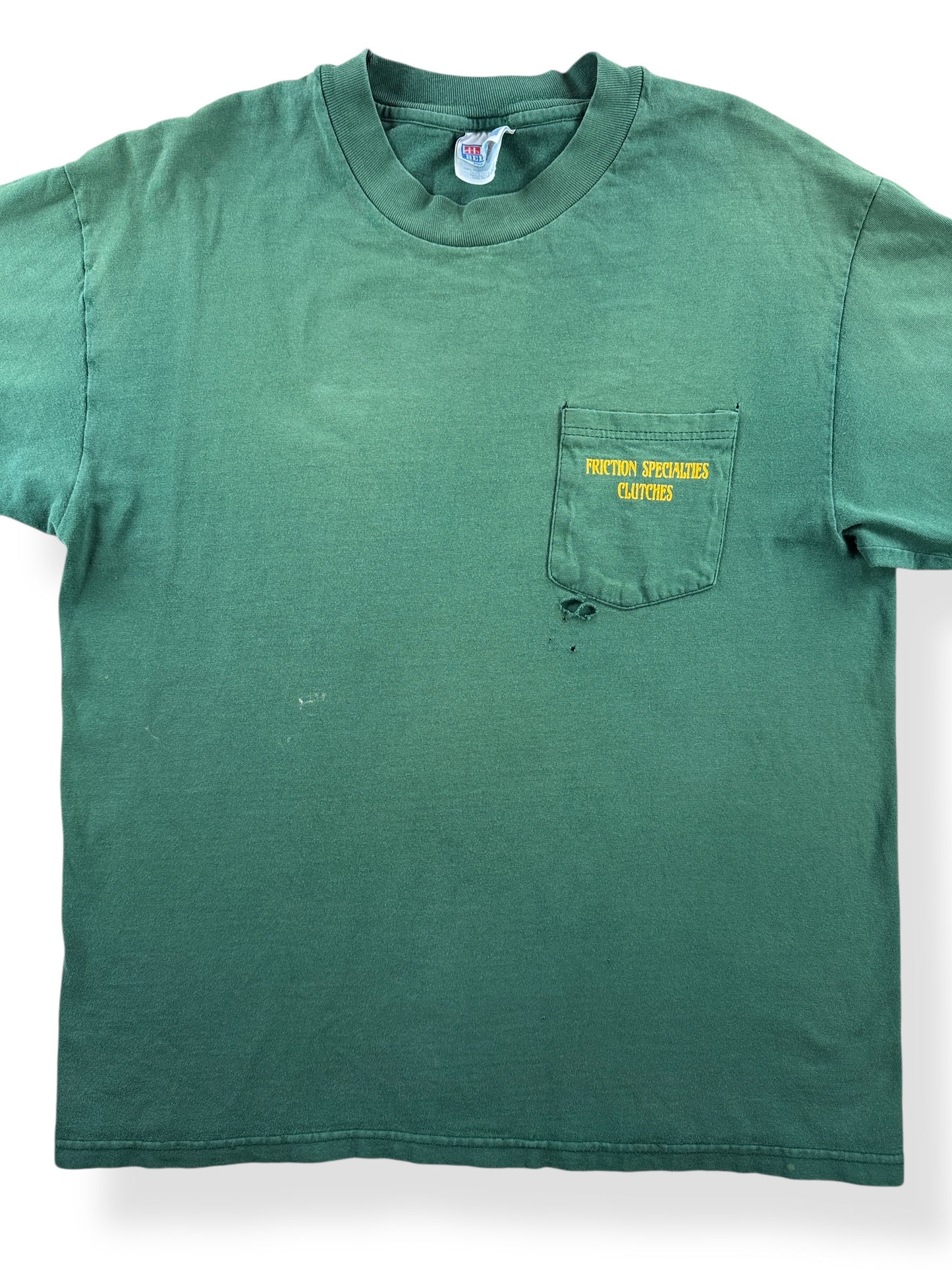 Front Close Up of Vintage Friction Specialties Portland OR Pocket Tee SZ L
