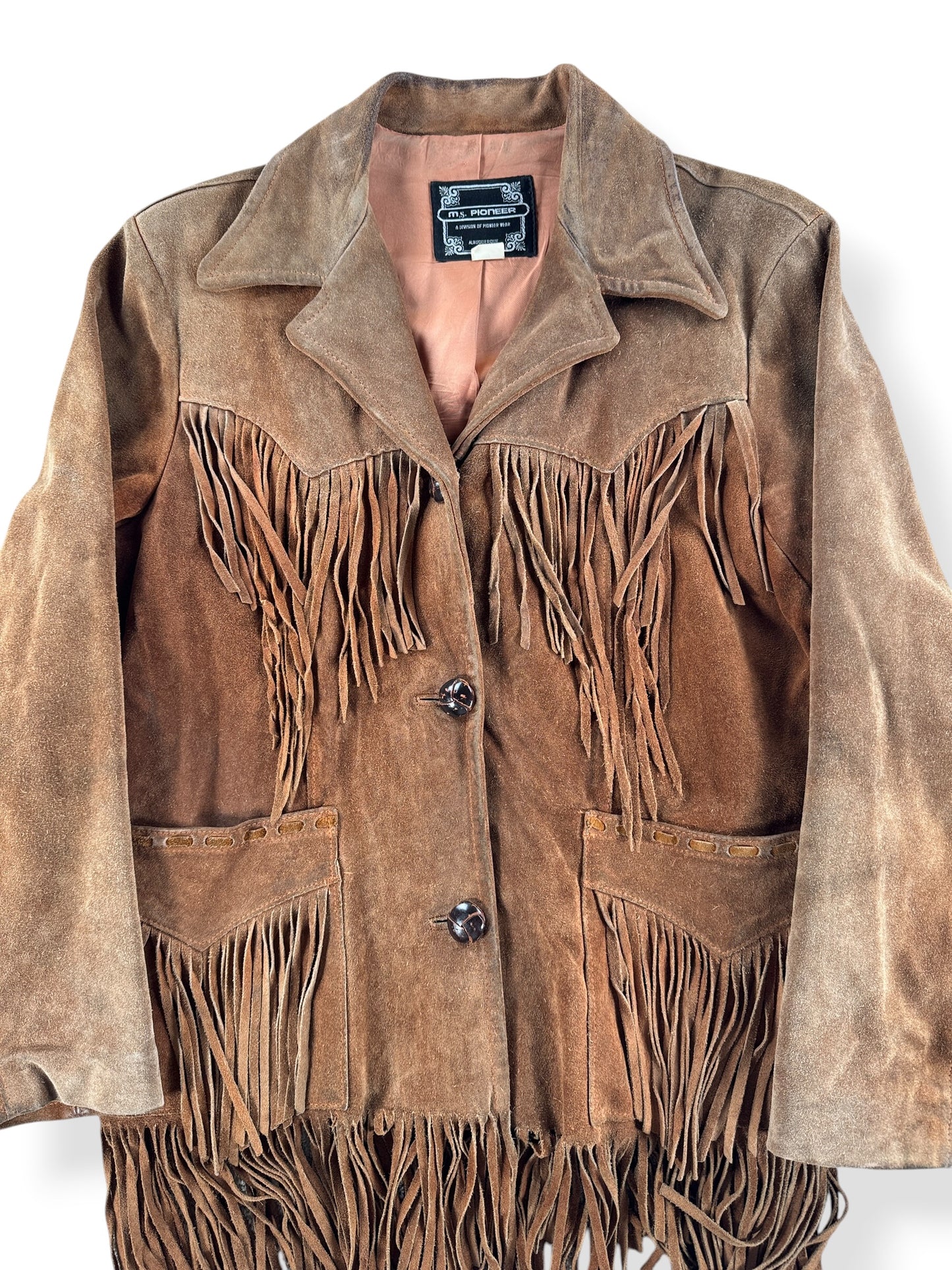 Front Close Up of Vintage 70s Ms Pioneer Fringe Suede Leather Jacket SZ 14