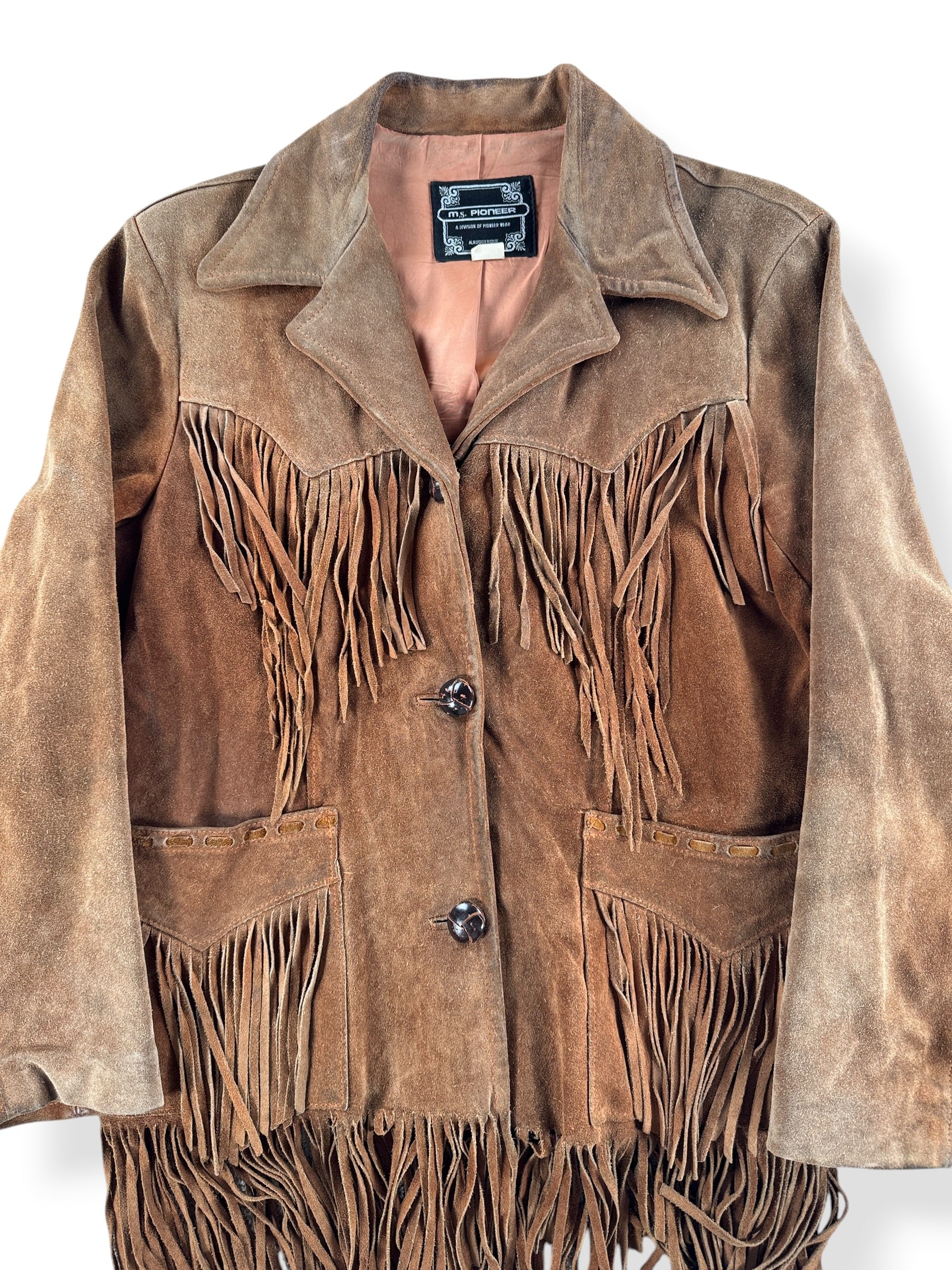 Front Close Up of Vintage 70s Ms Pioneer Fringe Suede Leather Jacket SZ 14