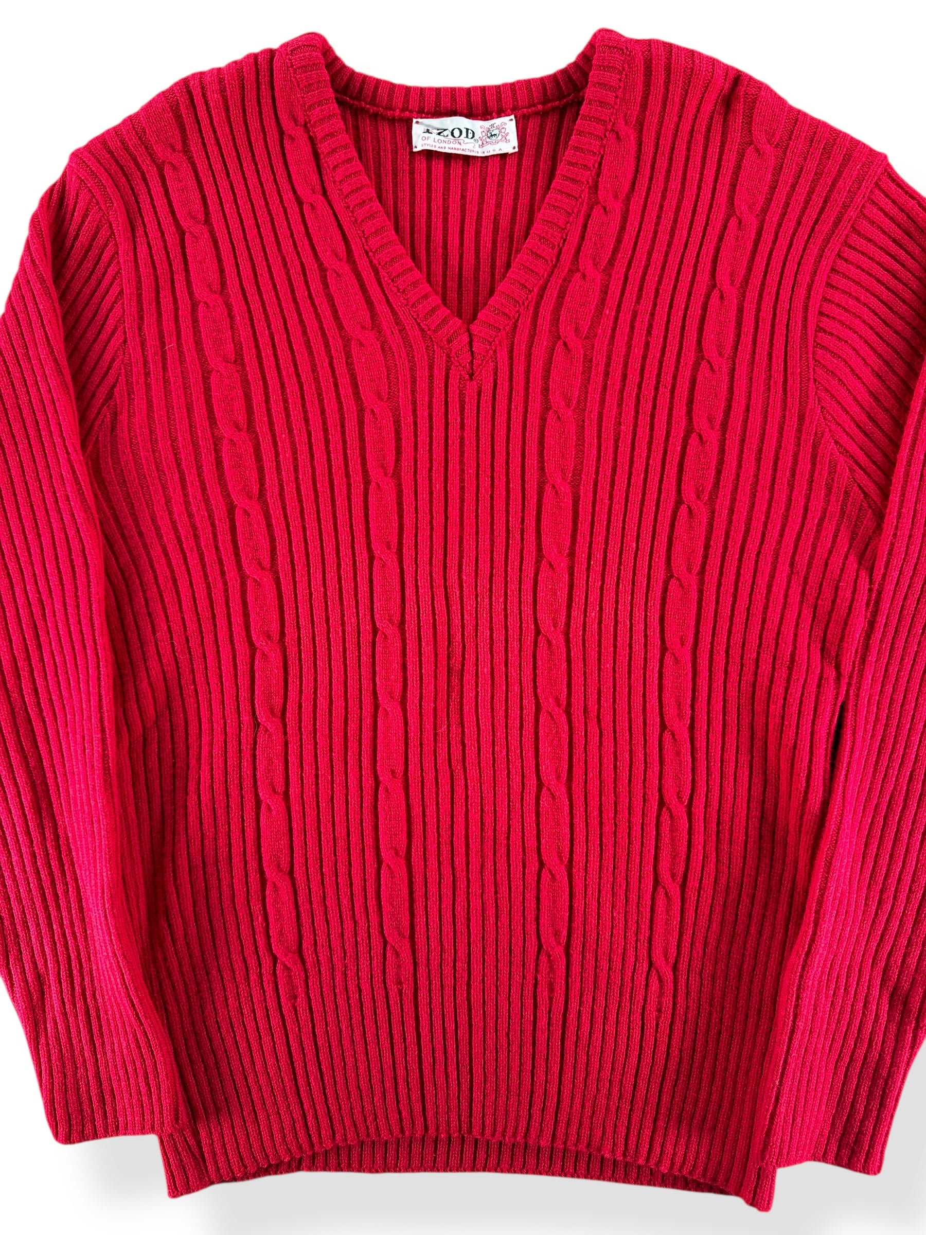Front Close Up of Vintage 60s Izod Red V-Neck Sweater SZ M