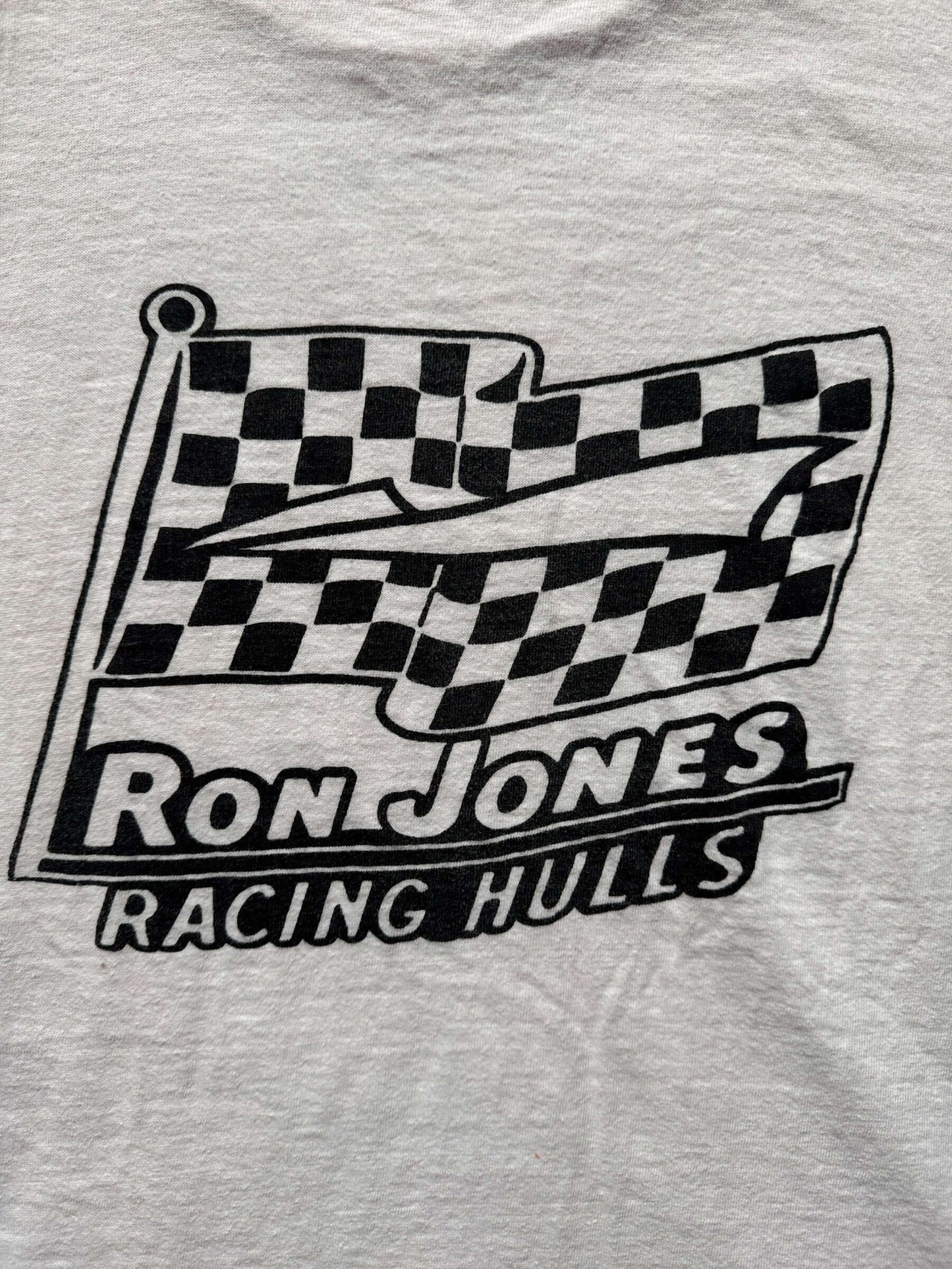 back graphic of Vintage 60s Hand Drawn "Ron Jones Racing Hulls" Racing Tee SZ L