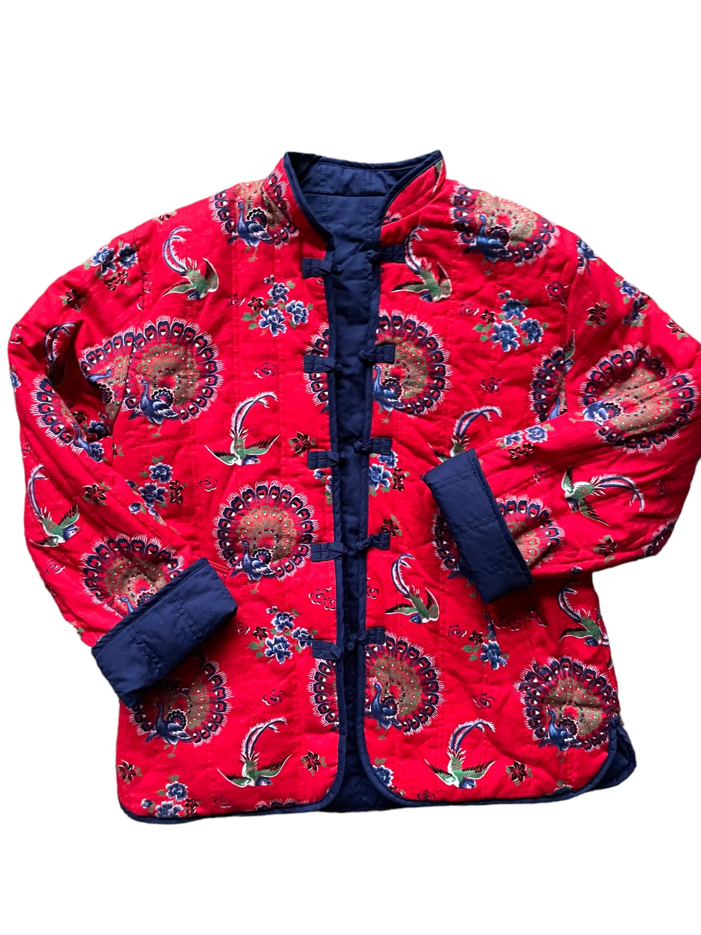 Full front  red side of Quilted Reversible Cheongsam Style Jacket SZ L-XL | Seattle Vintage Jackets | Barn Owl Vintage