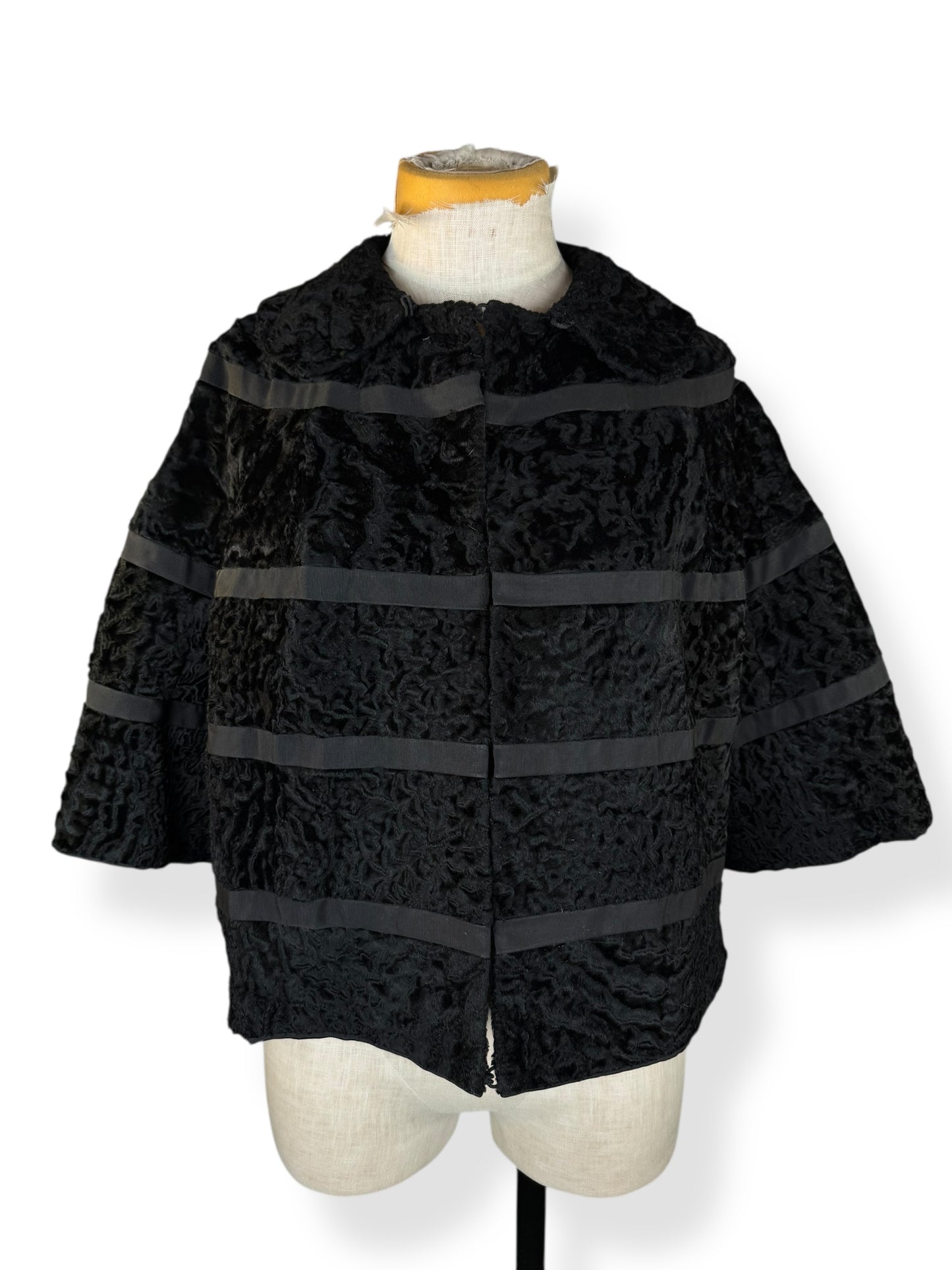 Front view of 1950s Blum's-Vogue Lamb's Fur Cropped Jacket L