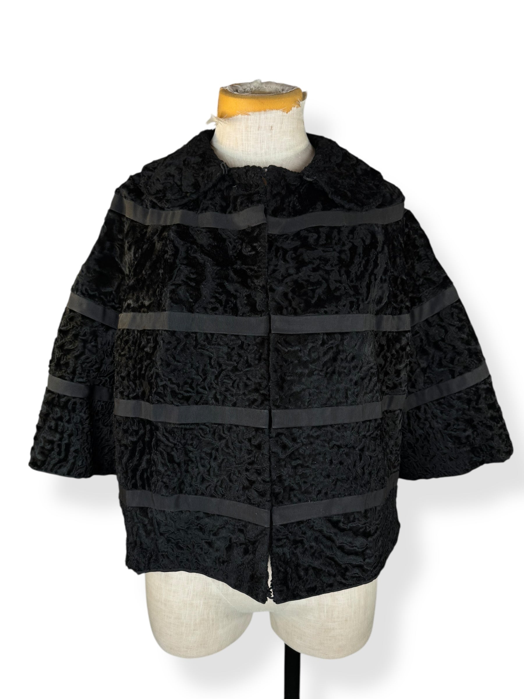 Front view of 1950s Blum's-Vogue Lamb's Fur Cropped Jacket L