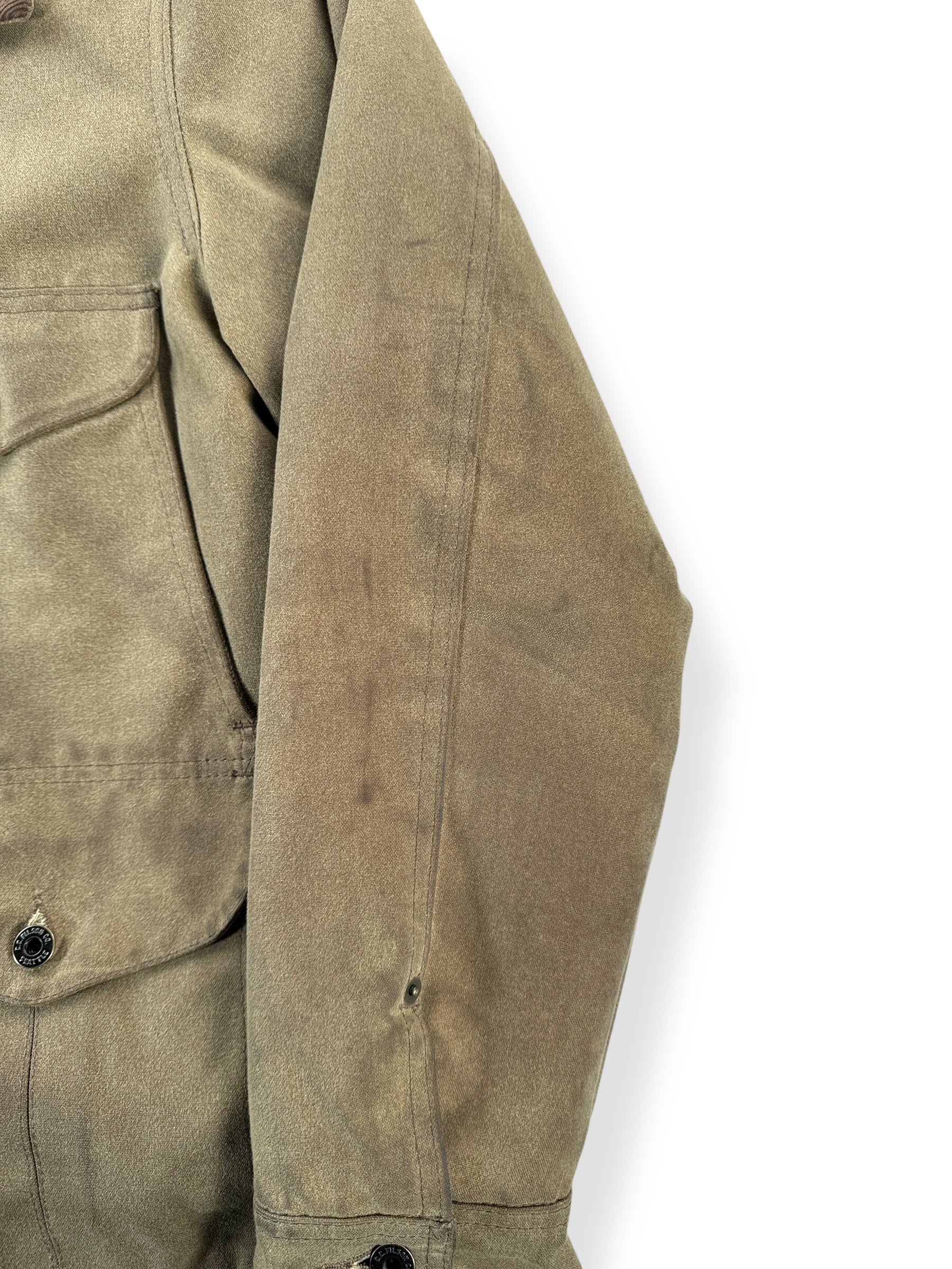 Worn Sleeve on Modern Filson Dark Tan Insulated Journeyman Coat SZ M