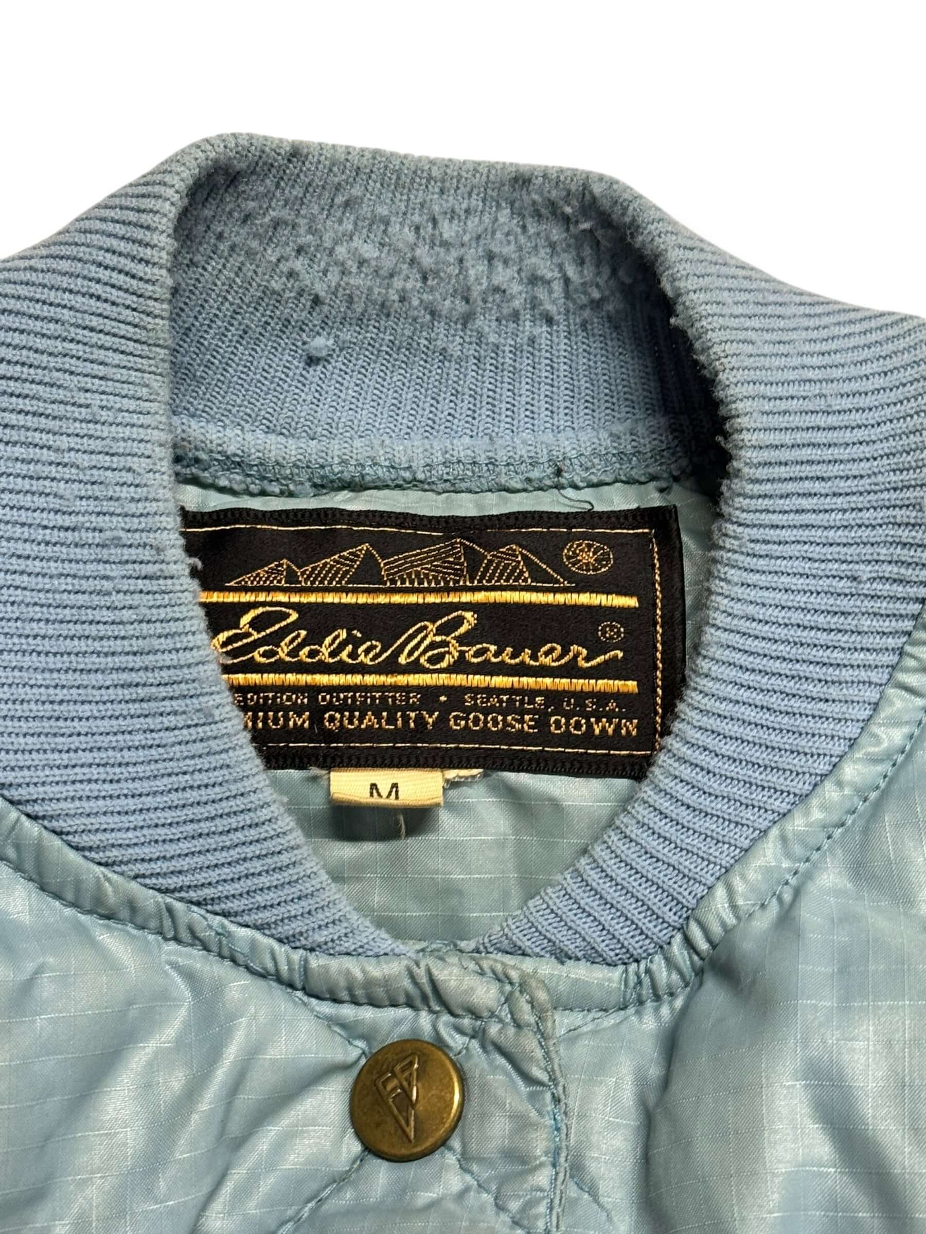 Tag view of 80s Eddie Bauer Pale Blue Quilted Puffer Jacket M