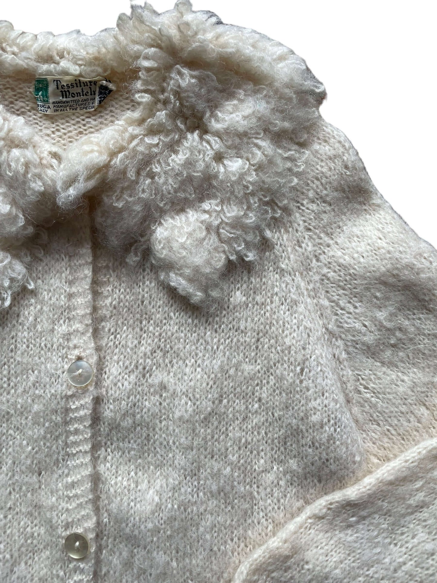 Front left collar view of Vintage 1950s Italian Mohair Cardigan | Vintage Ladies Sweaters | Barn Owl True Vintage