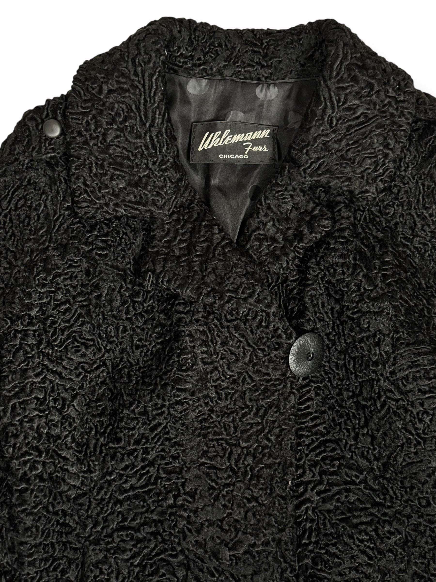 Collar view of 1960s Uhlemann Furs Curly Lamb Coat L