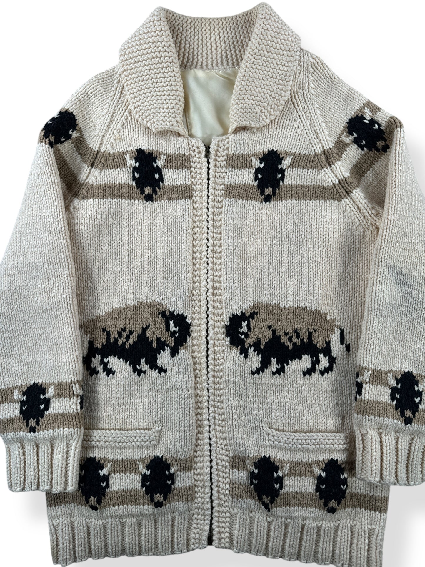 Front Close Up of Vintage Lined Mary Maxim Buffalo Pattern Cowichan Sweater SZ L
