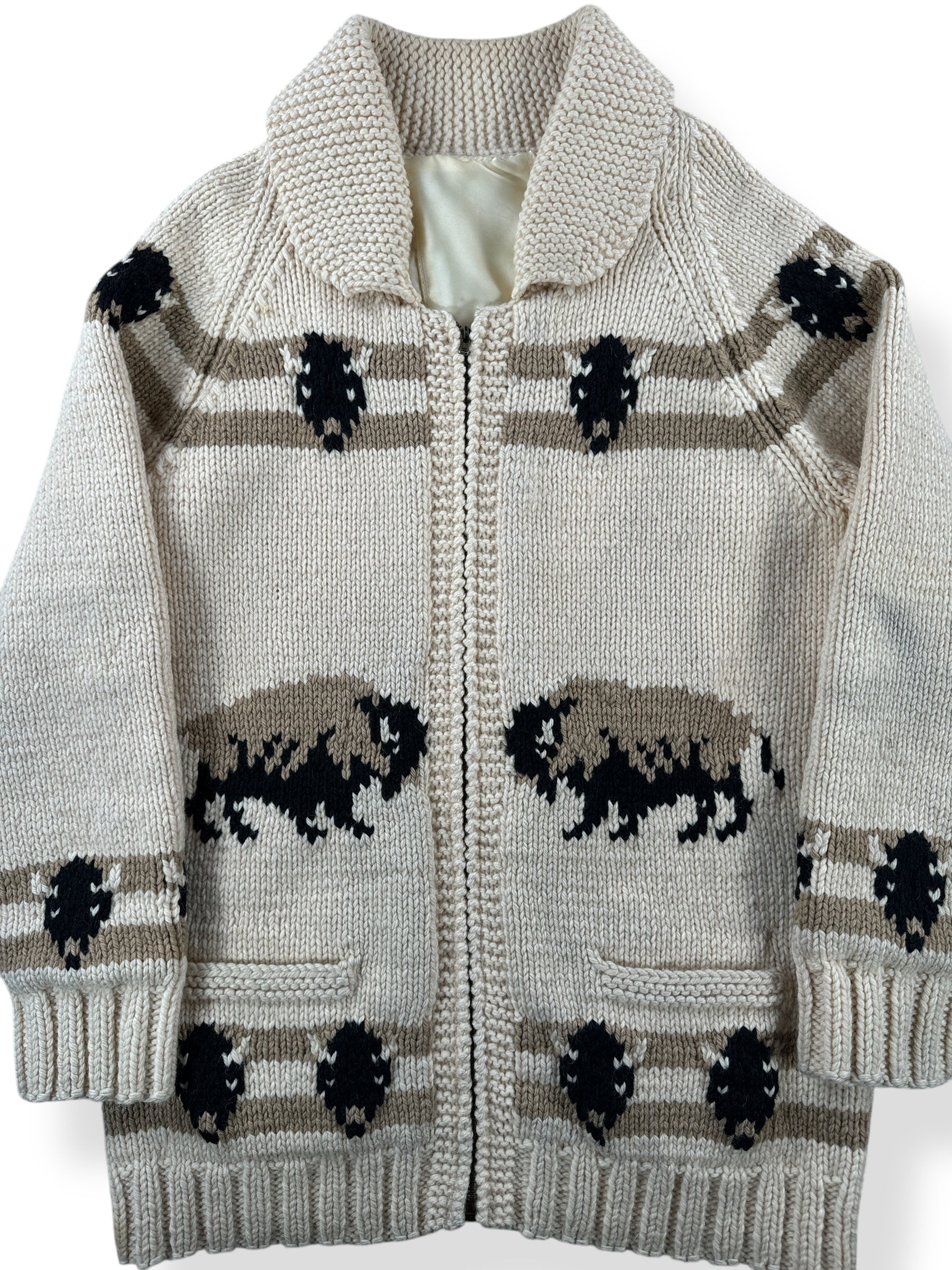 Front Close Up of Vintage Lined Mary Maxim Buffalo Pattern Cowichan Sweater SZ L