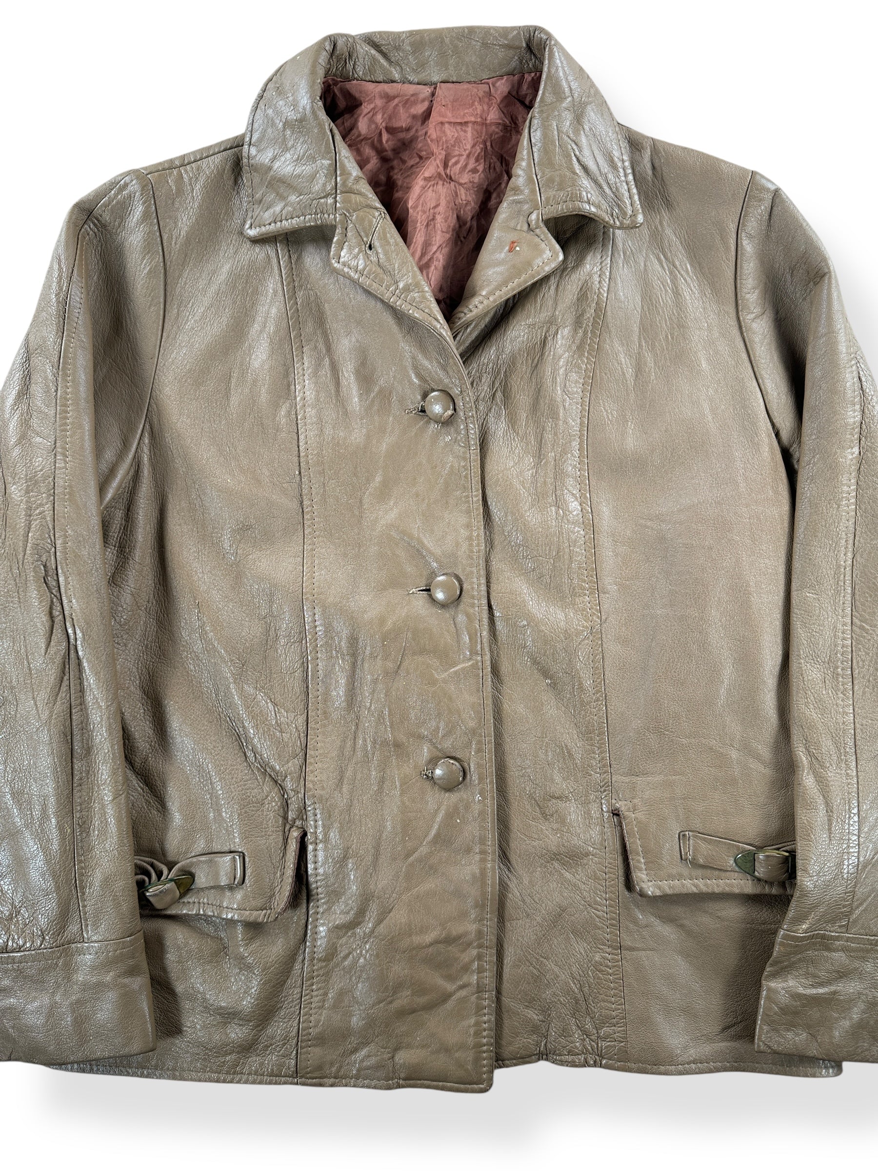 Front Close Up of Vintage Womens 40s-50s Light Brown Leather Jacket SZ L