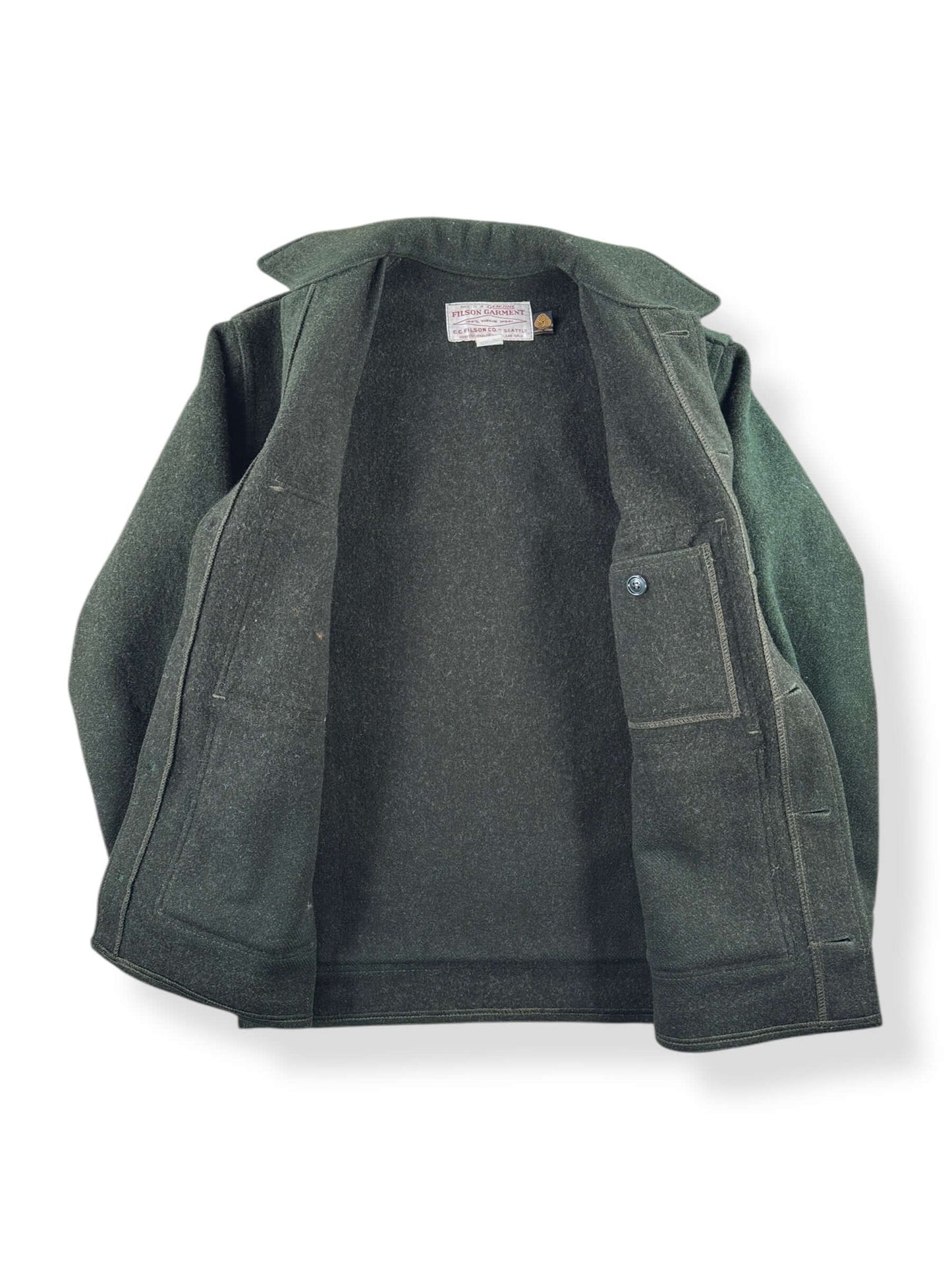 Inside of Vintage 80s Era Filson Forest Green Mackinaw Cruiser Jacket SZ 38