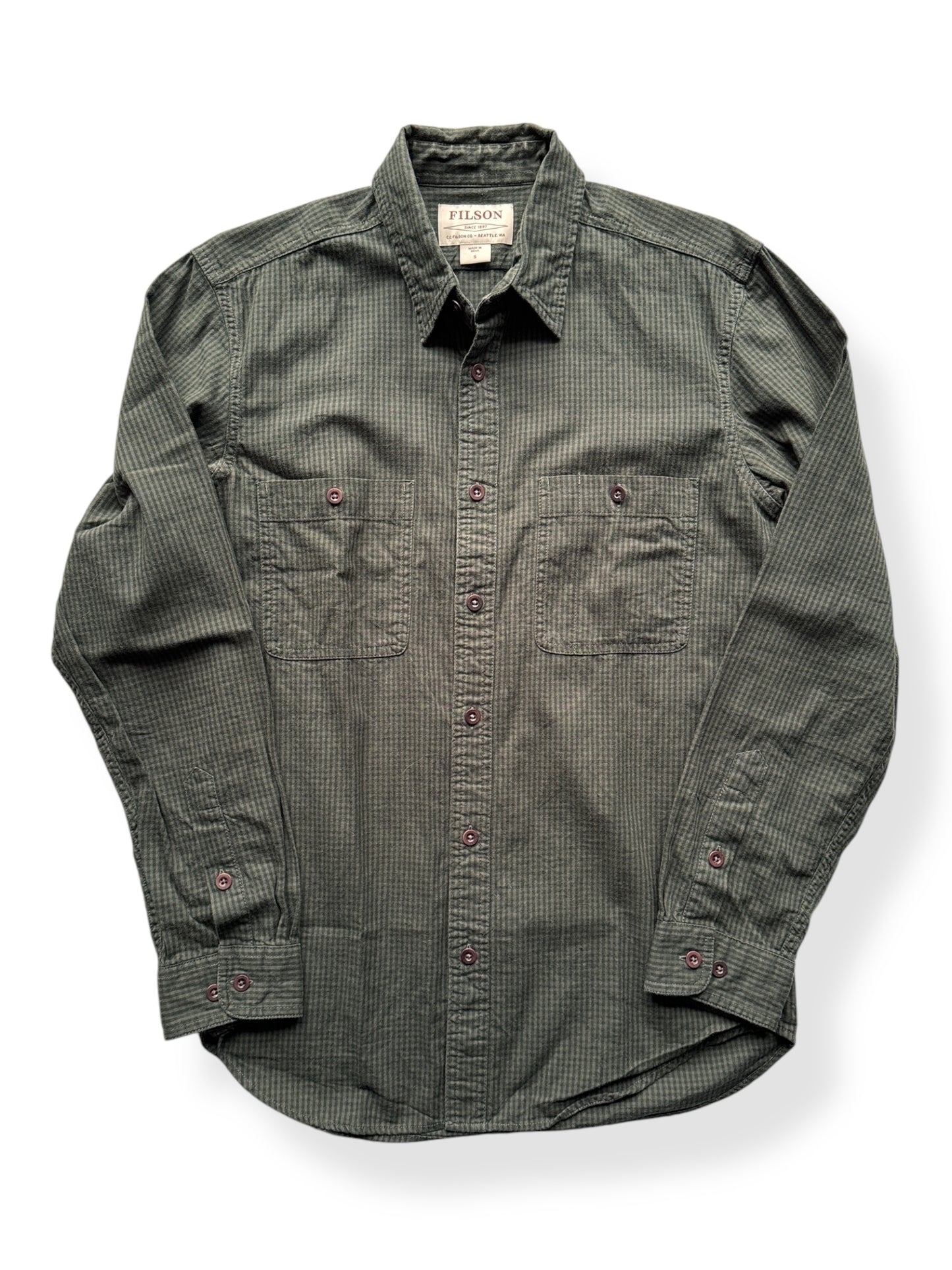 Front of Filson Forest Brown Button Up Shirt SZ S