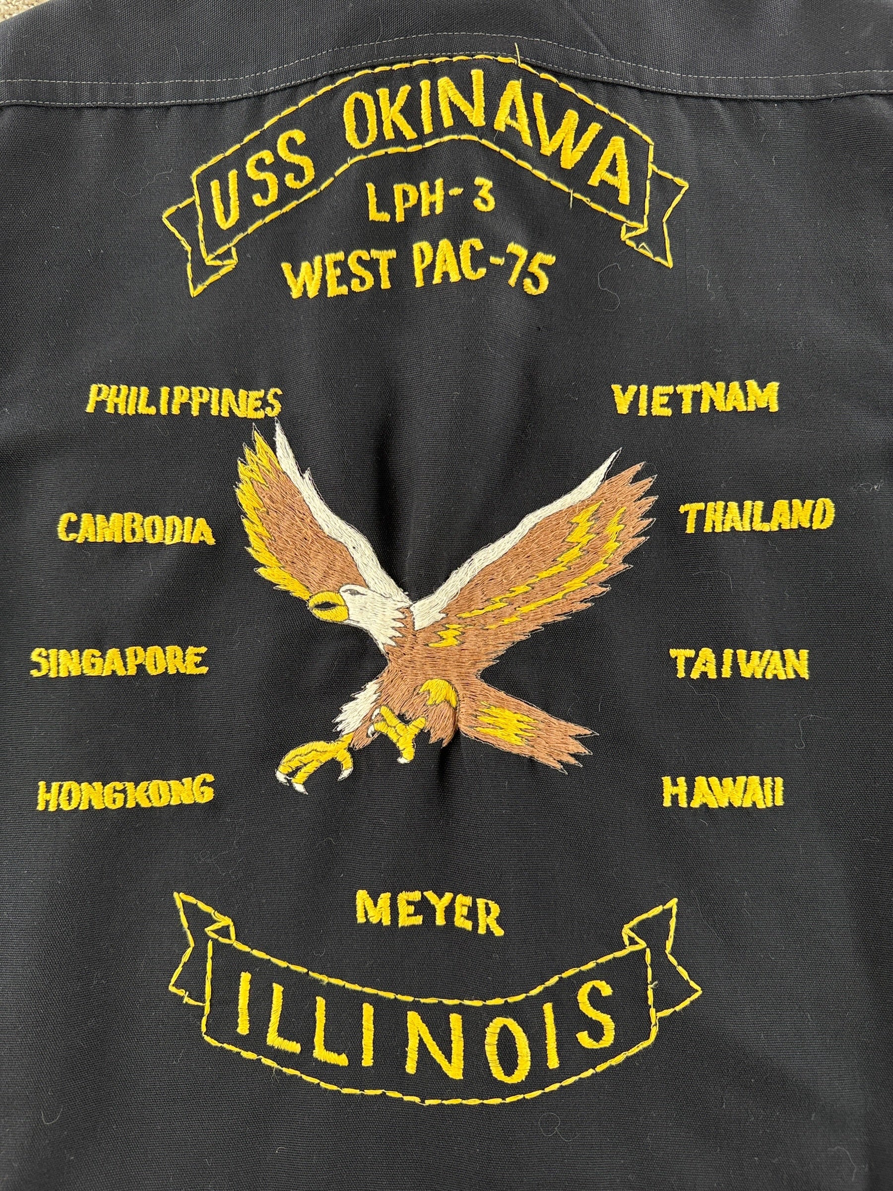 Back of Vintage USS Okinawa Illinois Souvenir SZ M