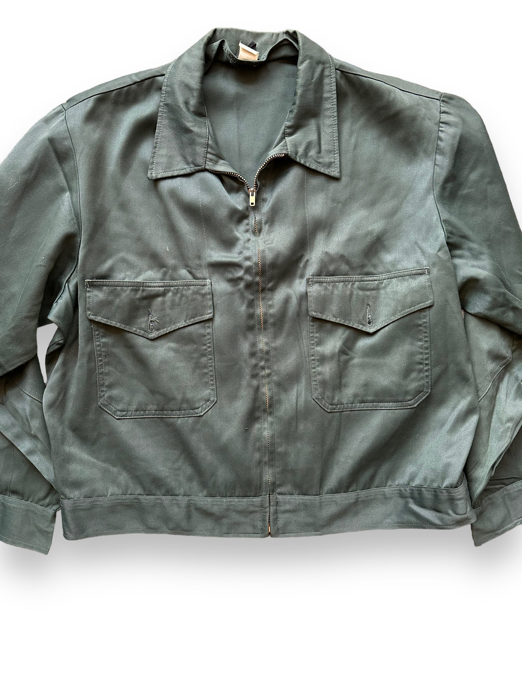 Front Detail of Vintage Mr 2-Ply Slate Green Gas Station Jacket SZ 48 | Vintage Workwear Jacket Seattle | Seattle Vintage Clothing