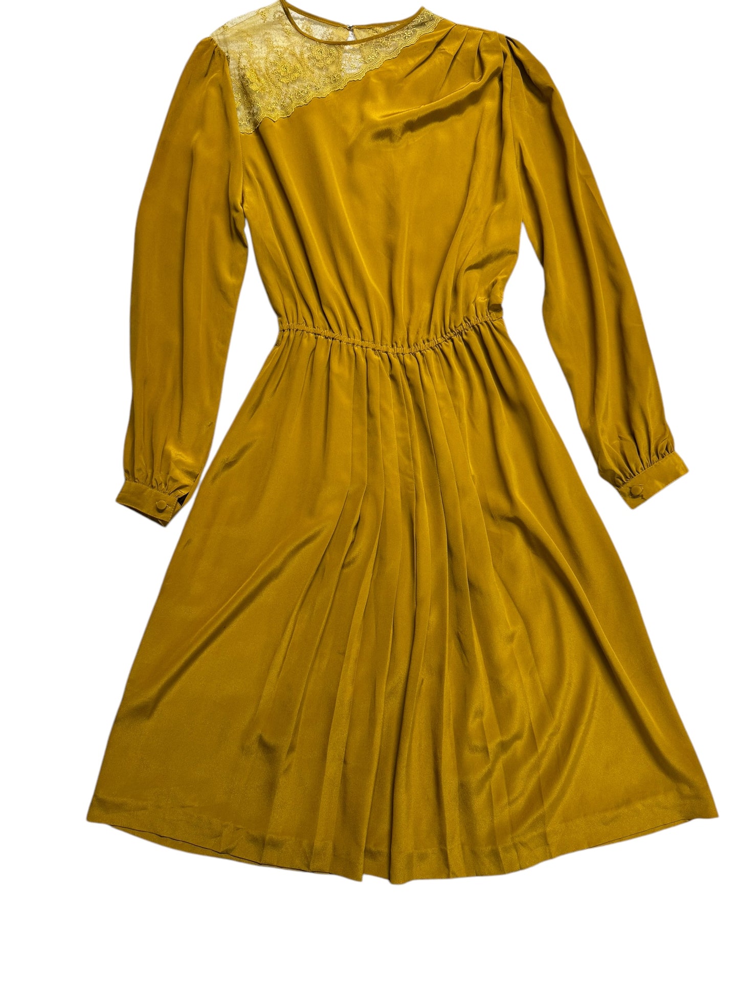 Front view of 1940s Mustardy rayon and Lace Dress M