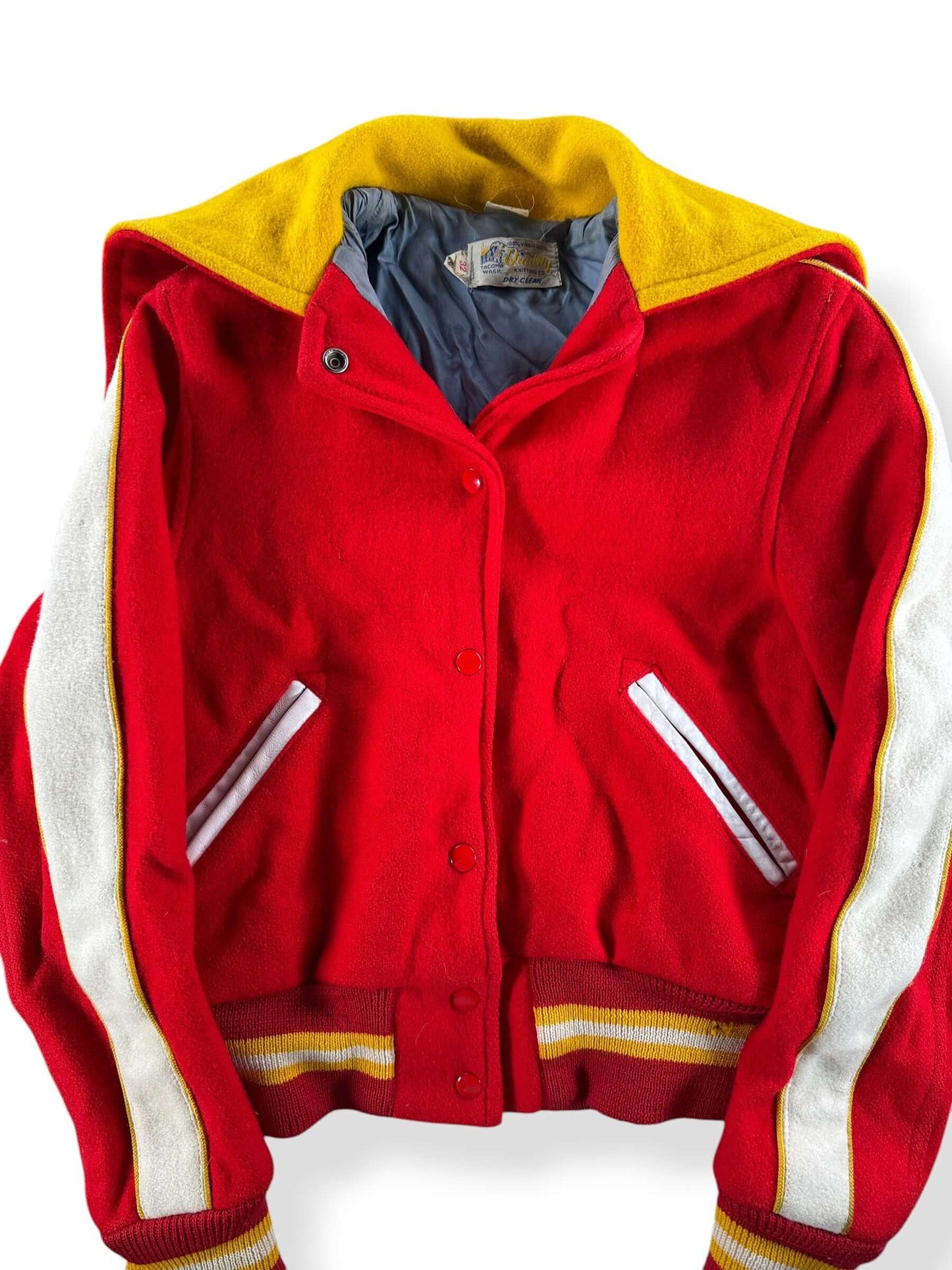 Front Close Up of Vintage Quality Knitting Company Blank Hooded Varsity Jacket SZ 32