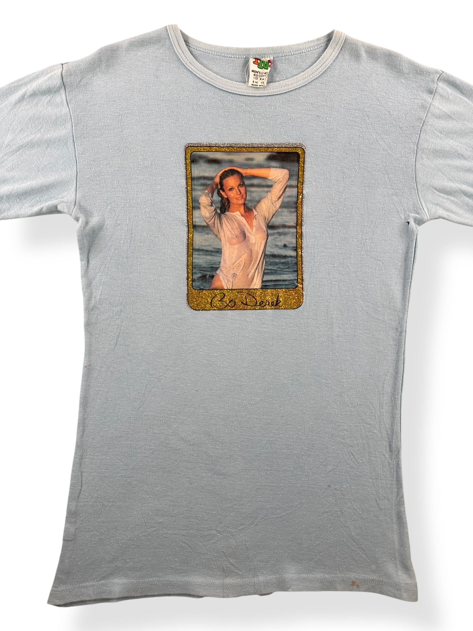 Front Close Up of Vintage Romanian Bo Derek Iron On Tee SZ L (Fits S)