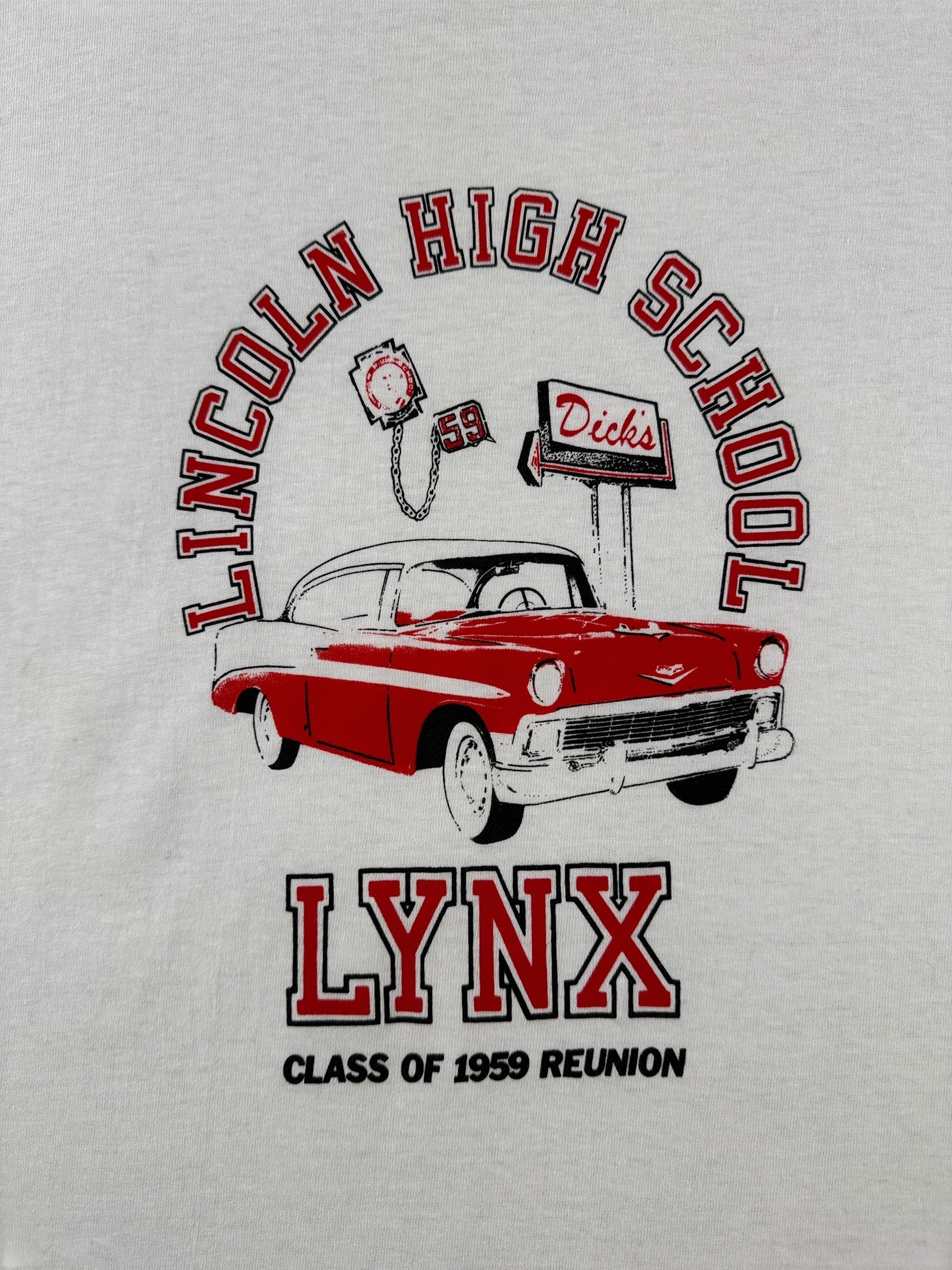 Graphic of Vintage Lincoln Lynx 59 High School Reunion Tee SZ XL