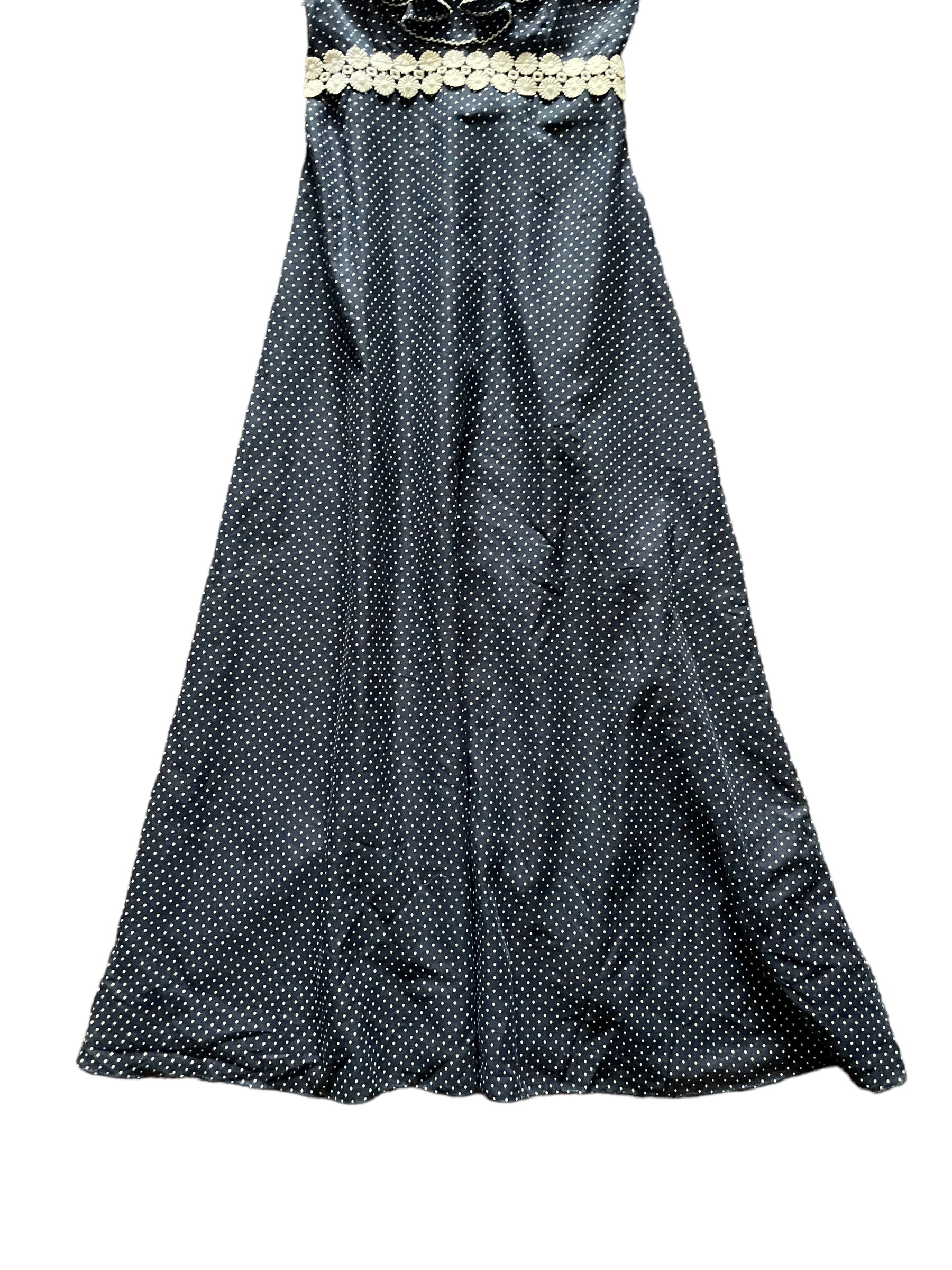 Front skirt view of Vintage 1970s Navy Blue Swiss Dot Maxi Dress SZ S |  Barn Owl Vintage Dresses | Seattle True Vintage