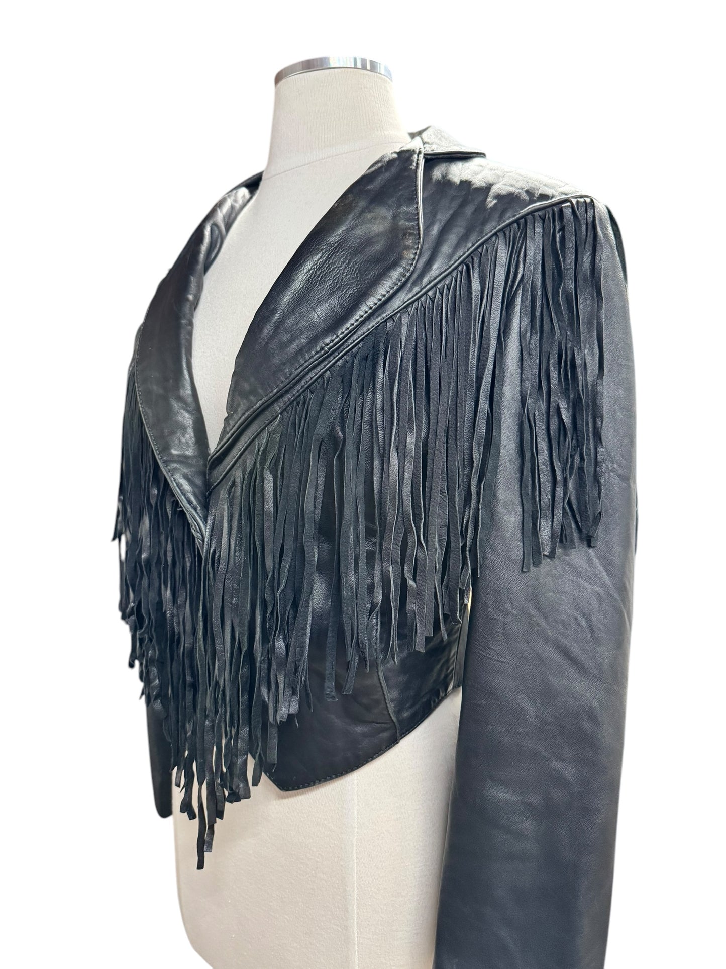 Side view of 1980s Black Leather Fringe Cropped Jacket M