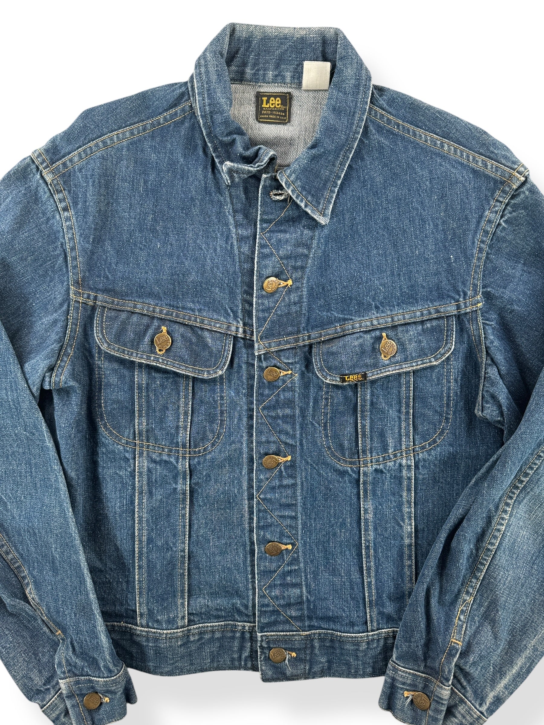 Front Close Up of Vintage Dark Lee Sanforized Denim Jacket SZ M